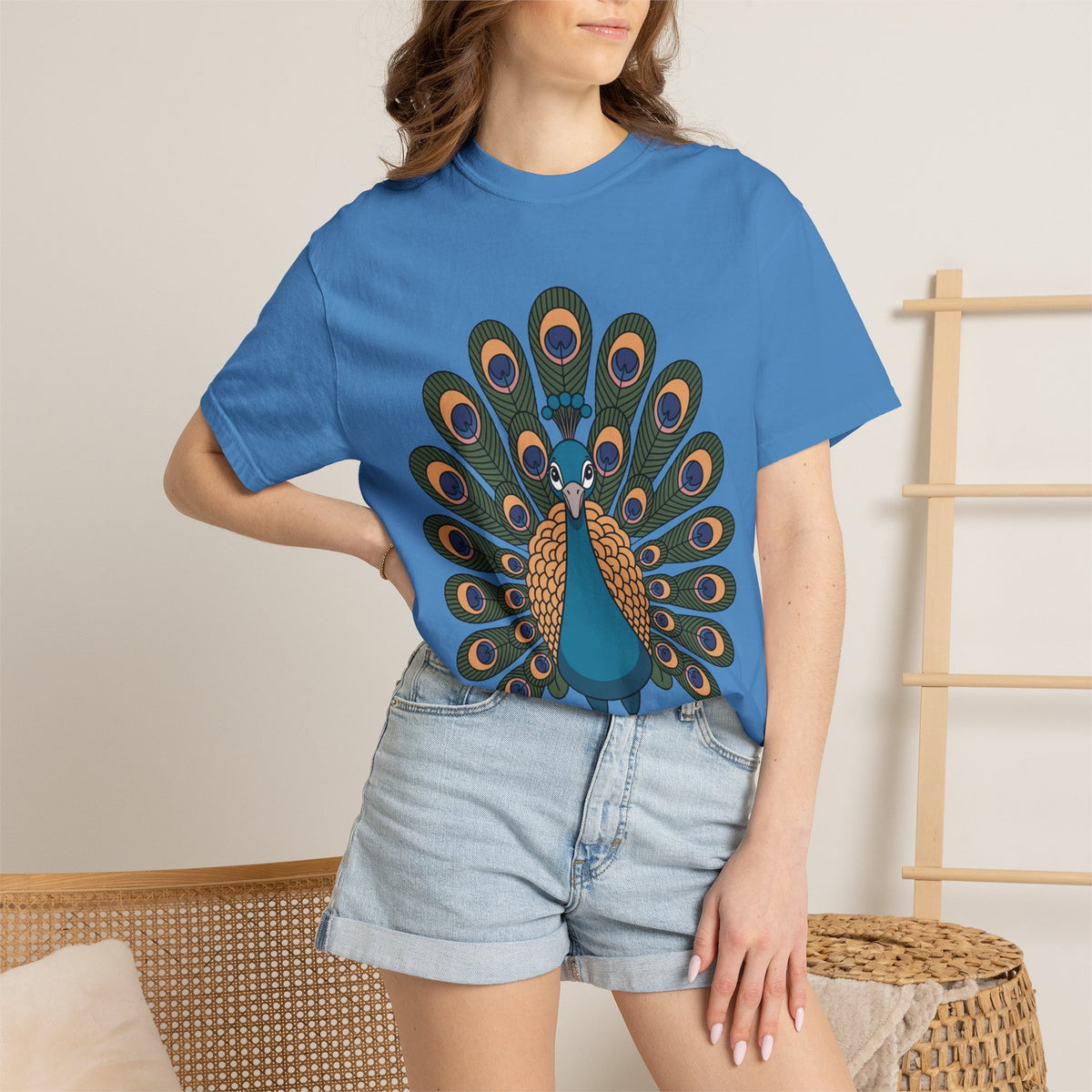 Cute Peacock T-Shirt, Fanned Feathers Bird Lover Gift Tee, Cartoon Peacock Graphic Shirt for Nature Lovers