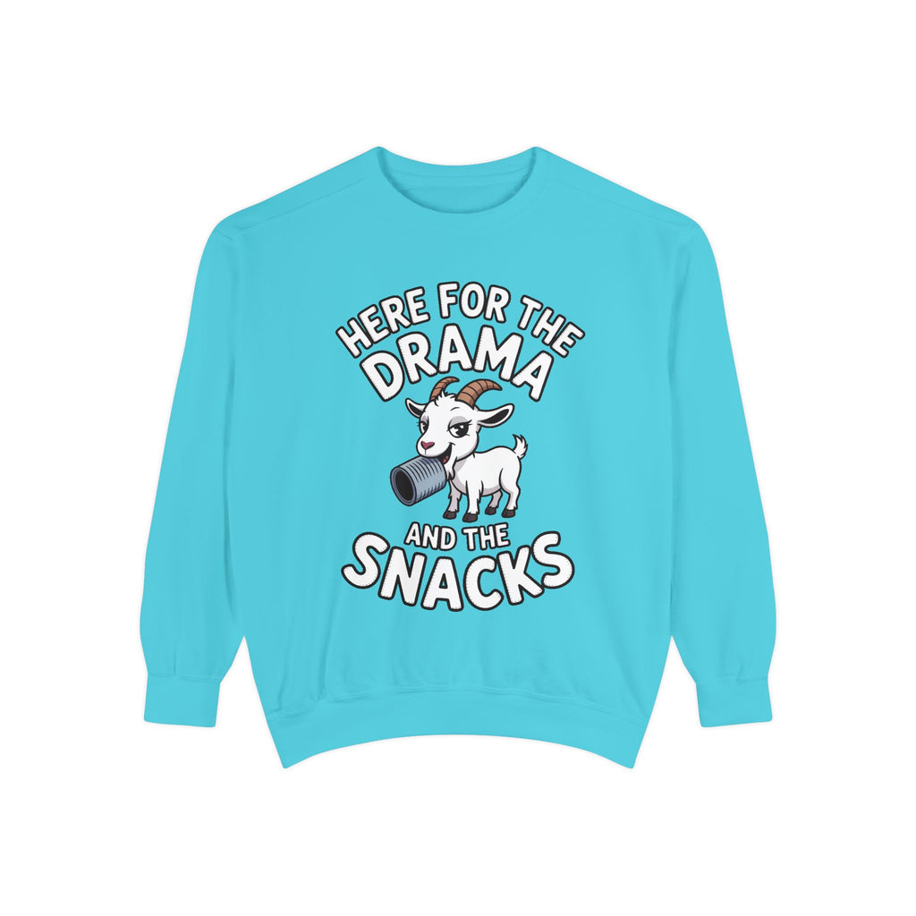 Funny Goat Sweatshirt, Here For The Drama And The Snacks Crewneck, Cute Goat Lover Gift, Embroidered Patch Style Sweatshirt