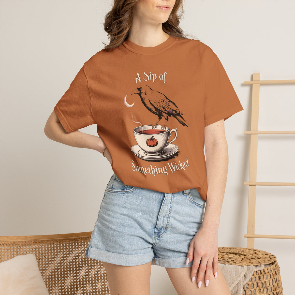 A Sip Of Something Wicked Crow Shirt, Vintage Halloween Tea Tee, Gothic Crow Pumpkin T-Shirt, Witchy Autumn Gift