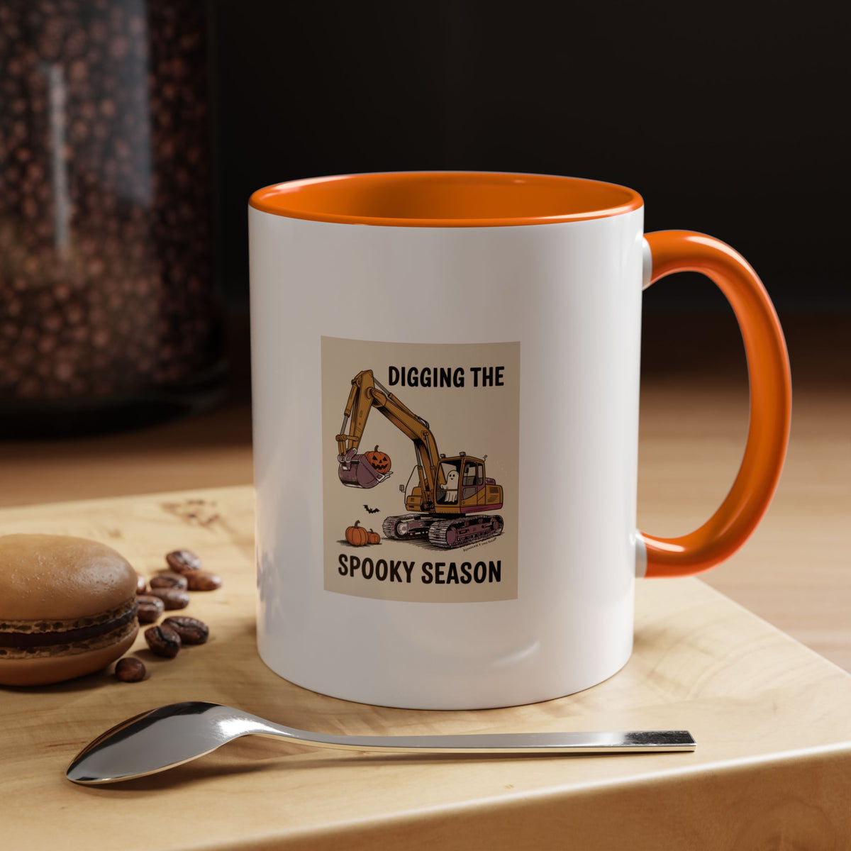 Digging The Spooky Season Excavator Mug, Halloween Excavator Coffee Cup, Funny Ghost Pumpkin Mug, Halloween Gift for Construction Lover