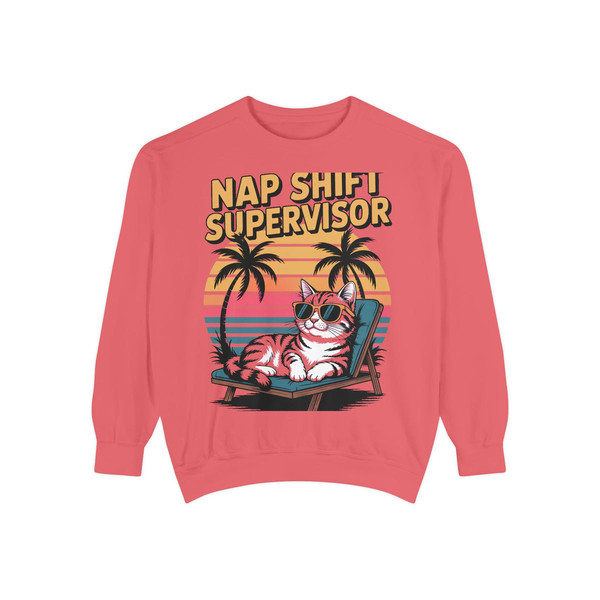 Retro Cat Sunset Sweatshirt, Funny Nap Shift Supervisor Crewneck, Vintage 90s Cat Lover Gift, Embroidered Cool Cat Sweatshirt