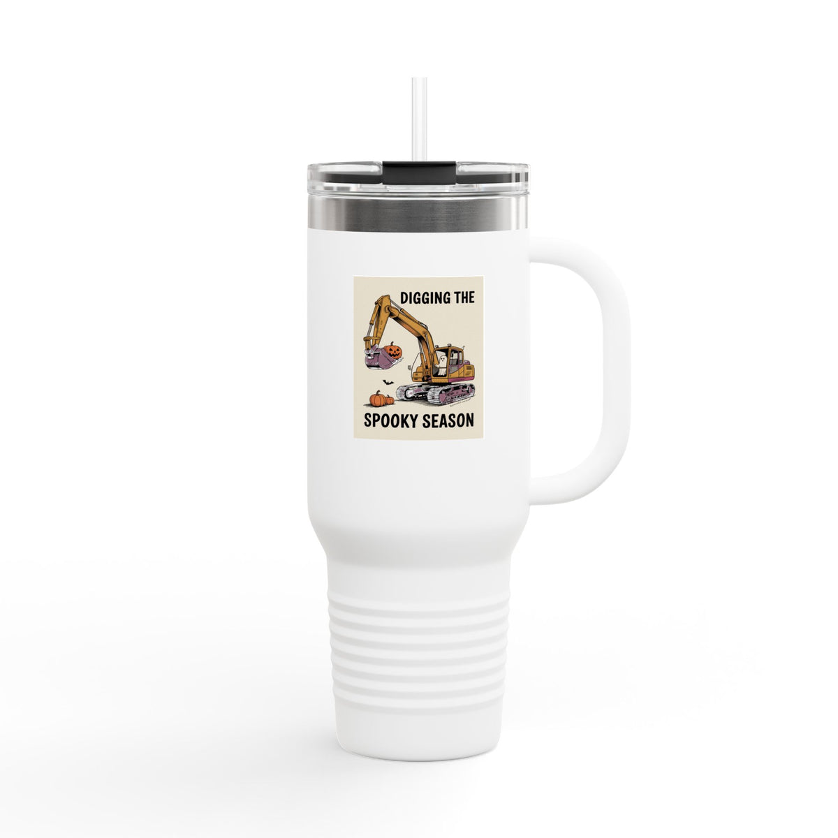 Halloween Excavator Travel Mug, Digging The Spooky Season Tumbler, Funny Construction Ghost Pumpkin 40oz Cup, Halloween Gift