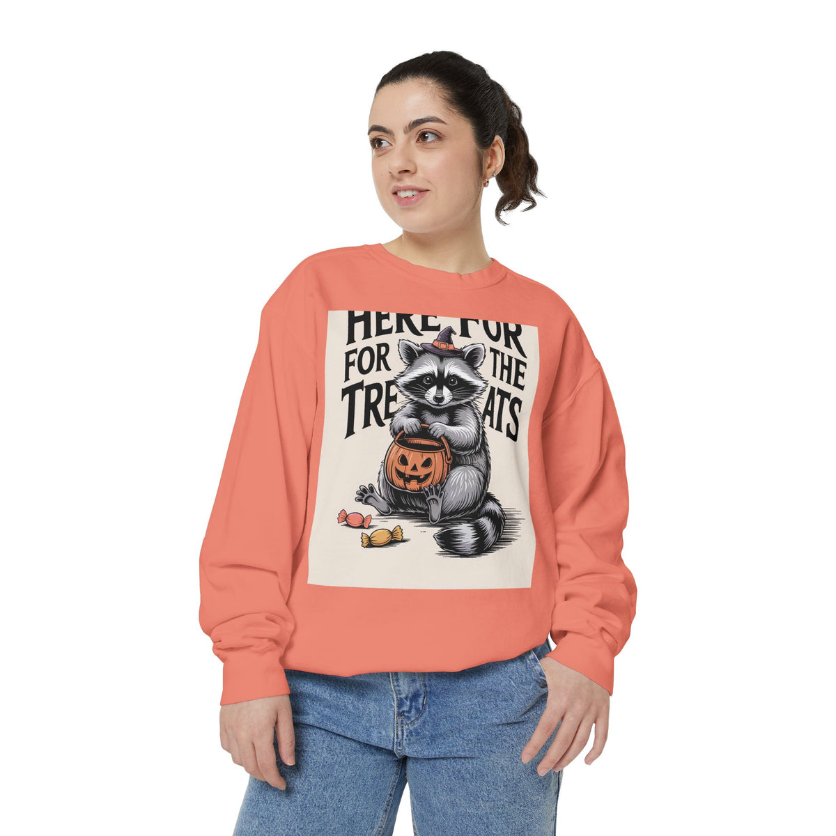 Here For The Treats Raccoon Sweatshirt, Funny Halloween Crewneck, Vintage Witch Raccoon Candy Sweatshirt, Spooky Season Gift