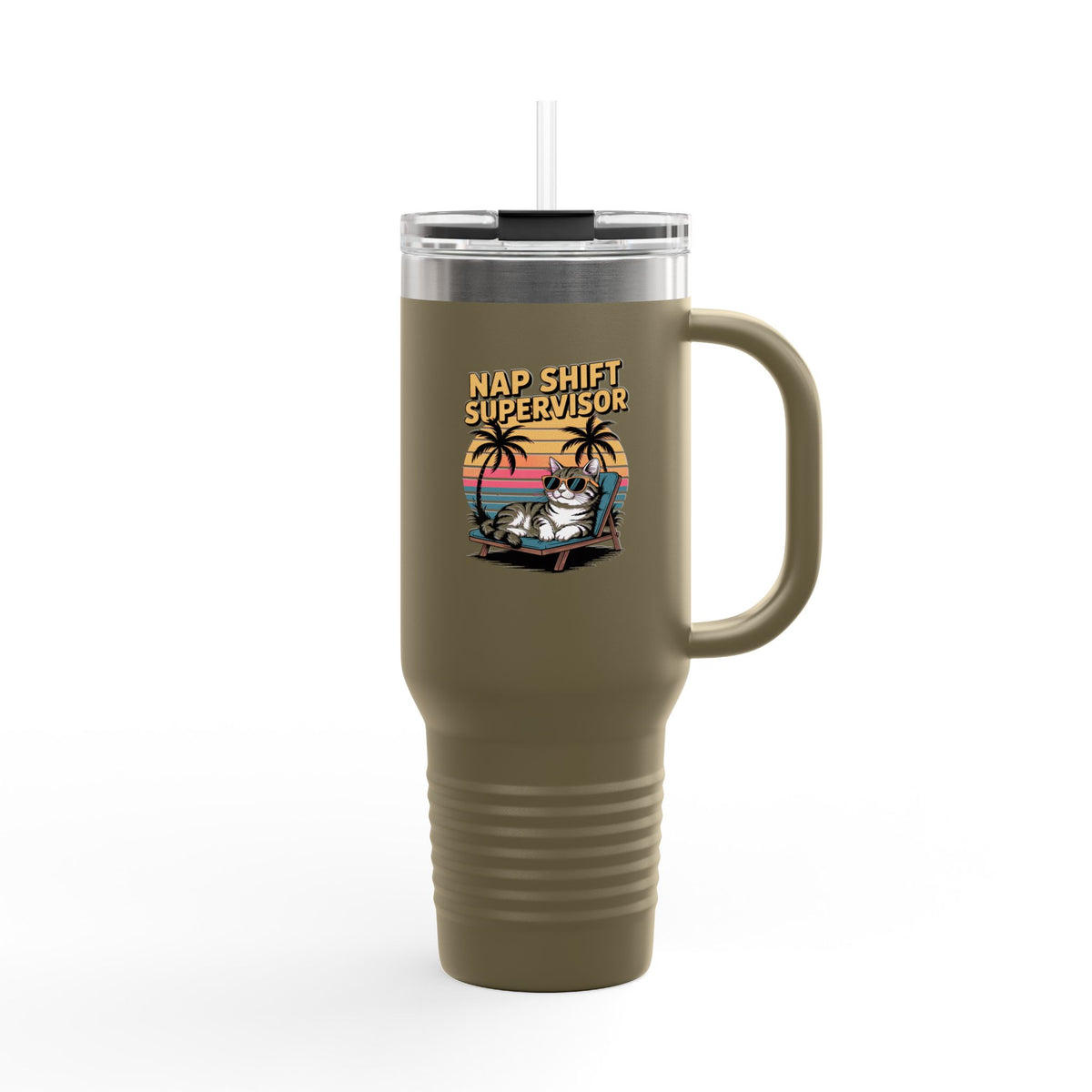 Retro Cat Sunset Tumbler, Funny Cat Lover 40oz Travel Mug, Nap Shift Supervisor Cup, Vintage 90s Cat Gift, Insulated Tumbler with Handle