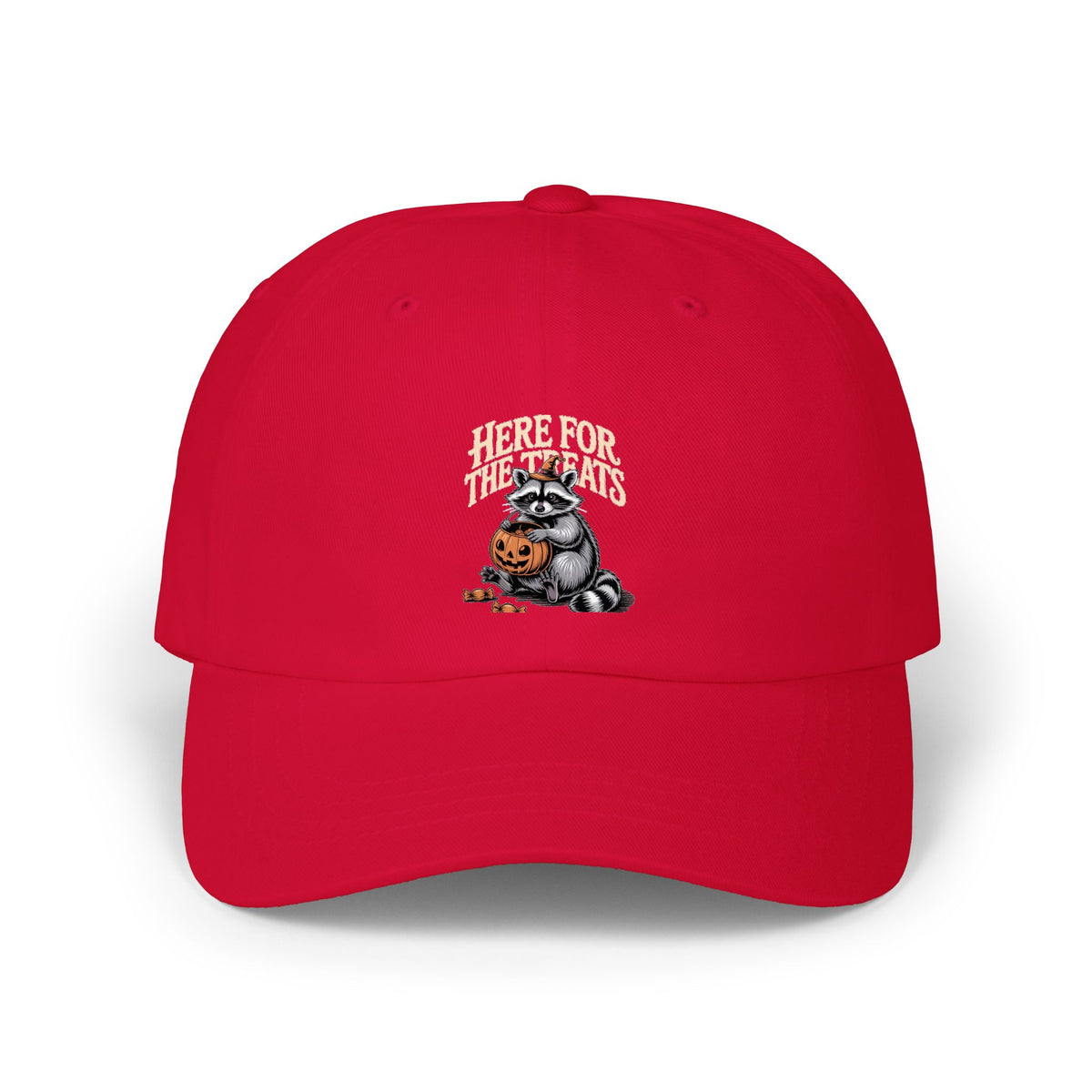Here For The Treats Raccoon Dad Hat, Funny Halloween Cap, Vintage Raccoon Embroidered Dad Cap, Spooky Season Trick or Treat Gift