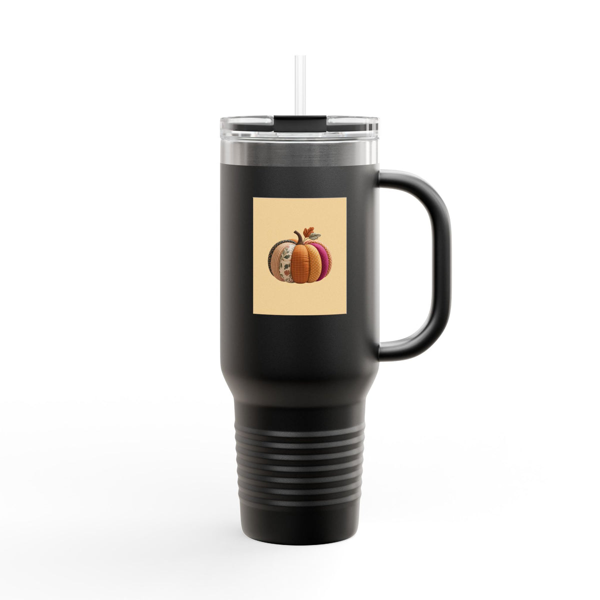 Patchwork Pumpkin Travel Mug, Halloween 40oz Tumbler with Handle, Fall Quilted Pumpkin Insulated Cup, Autumn Gift for Her