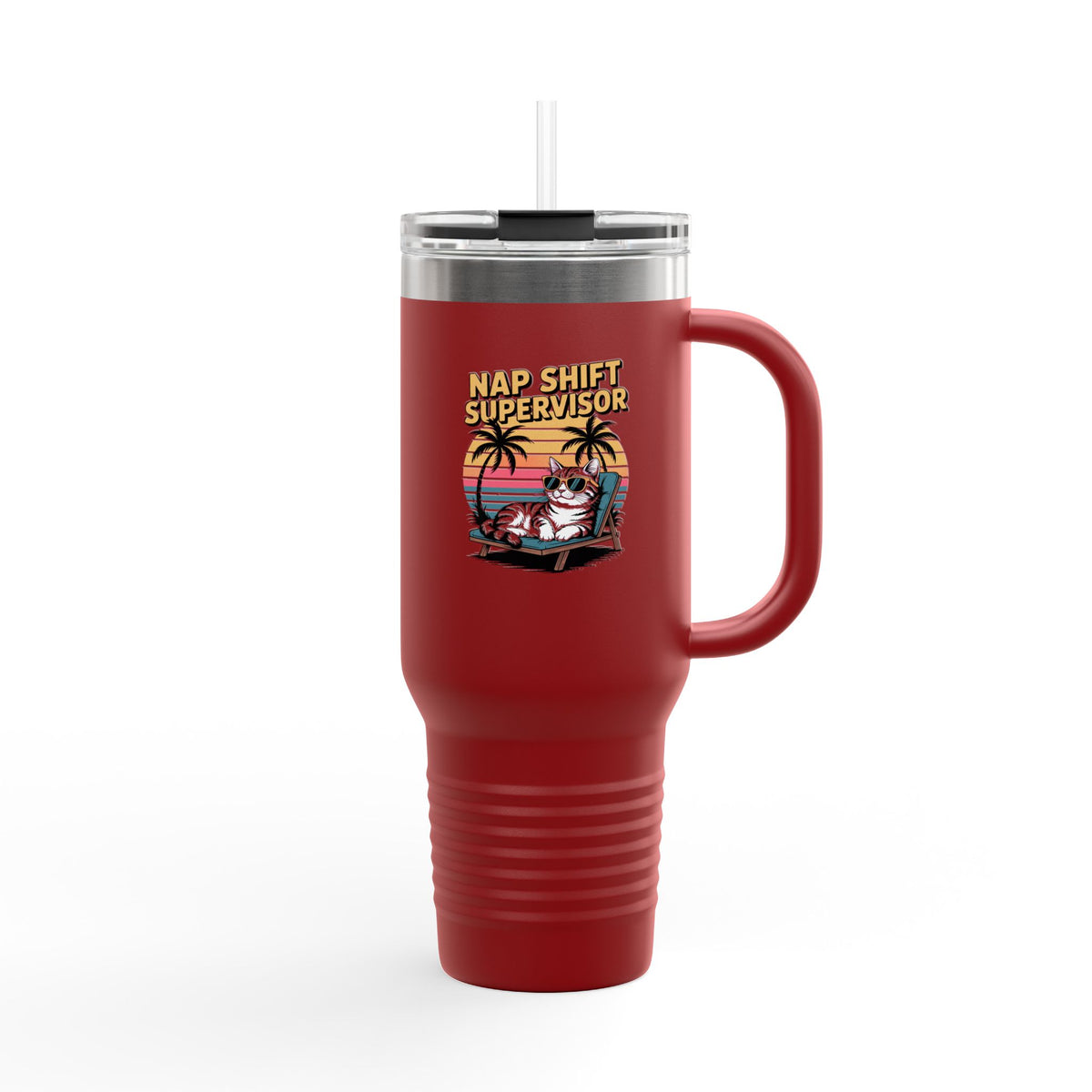 Retro Cat Sunset Tumbler, Funny Cat Lover 40oz Travel Mug, Nap Shift Supervisor Cup, Vintage 90s Cat Gift, Insulated Tumbler with Handle
