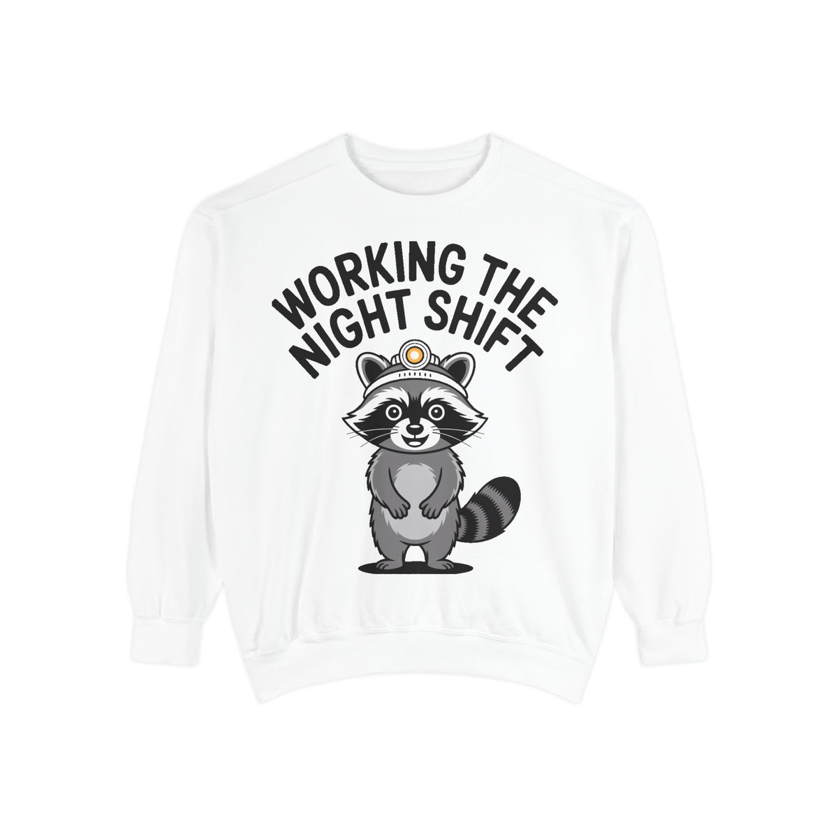 Raccoon Night Shift Sweatshirt, Funny Night Owl Crewneck, Cute Raccoon Headlamp Graphic, Gift for Nurse or Night Worker