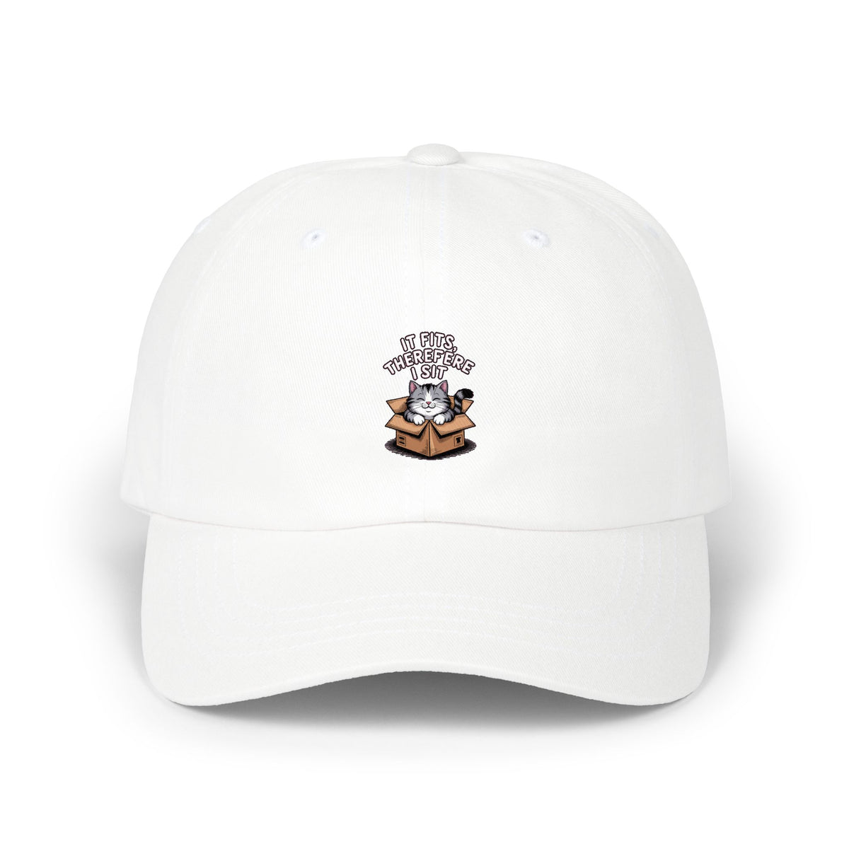 It Fits Therefore I Sit Cat Dad Hat, Funny Cat Lover Embroidered Cap, Cute Chubby Cat In Box Hat, Cat Mom Gift, Sarcastic Cat Cap