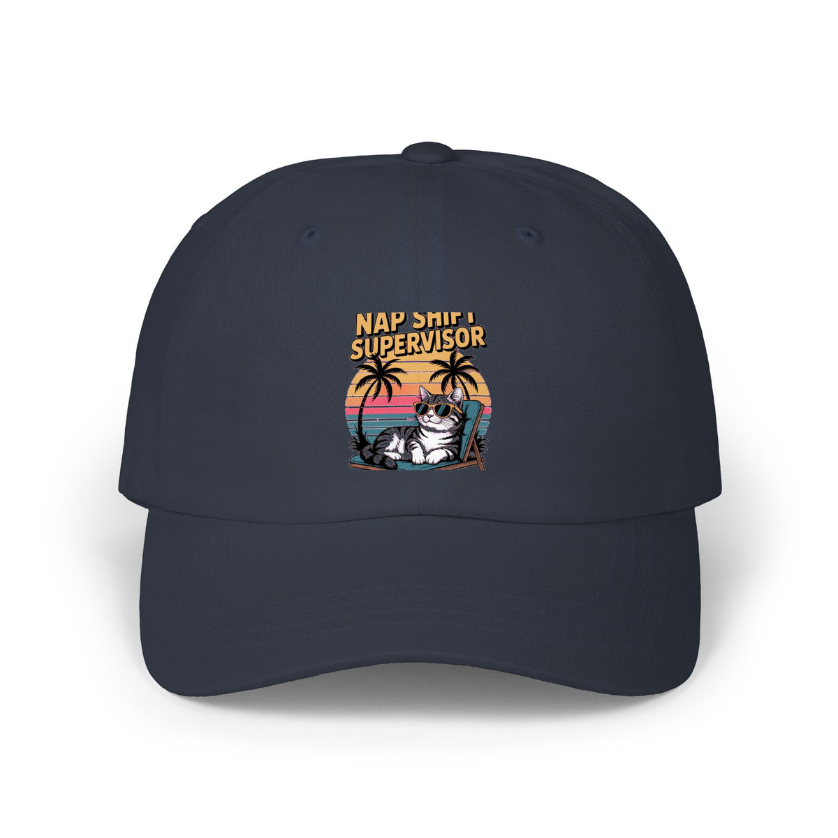 Retro Cat Dad Hat, Funny Cat Sunset Cap, Vintage 90s Style Embroidered Hat, Nap Shift Supervisor Cat Lover Gift