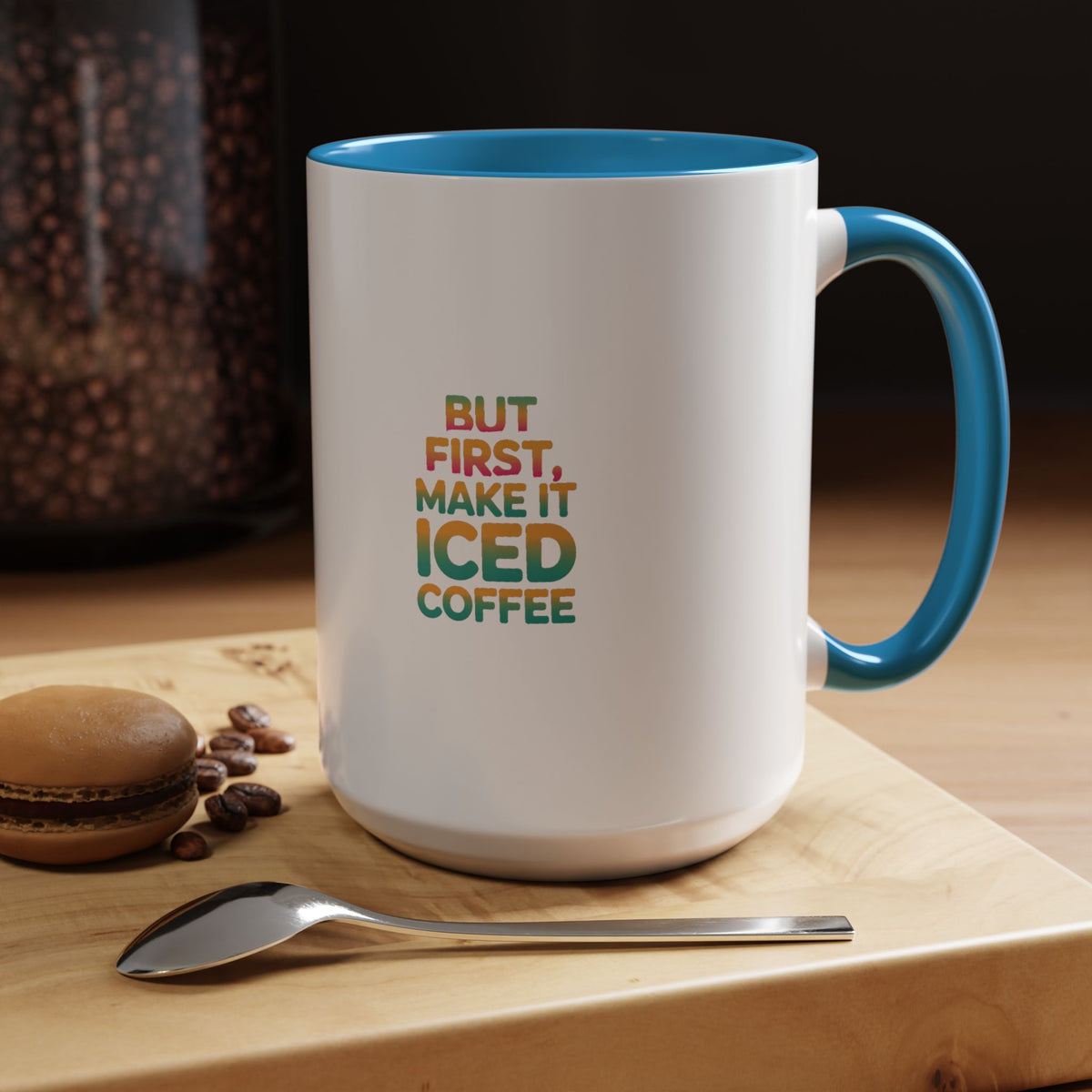 But First Iced Coffee Mug, Retro Gradient Typography Coffee Mug, Funny Coffee Lover Gift, Colorful Accent Mug for Coffee Addict