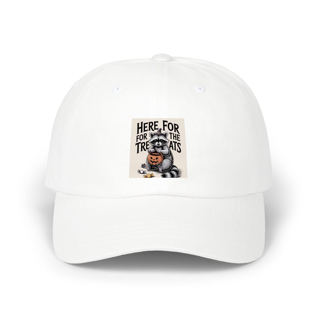 Here For The Treats Raccoon Dad Cap, Funny Halloween Hat, Vintage Trick or Treat Embroidered Cap, Spooky Season Gift