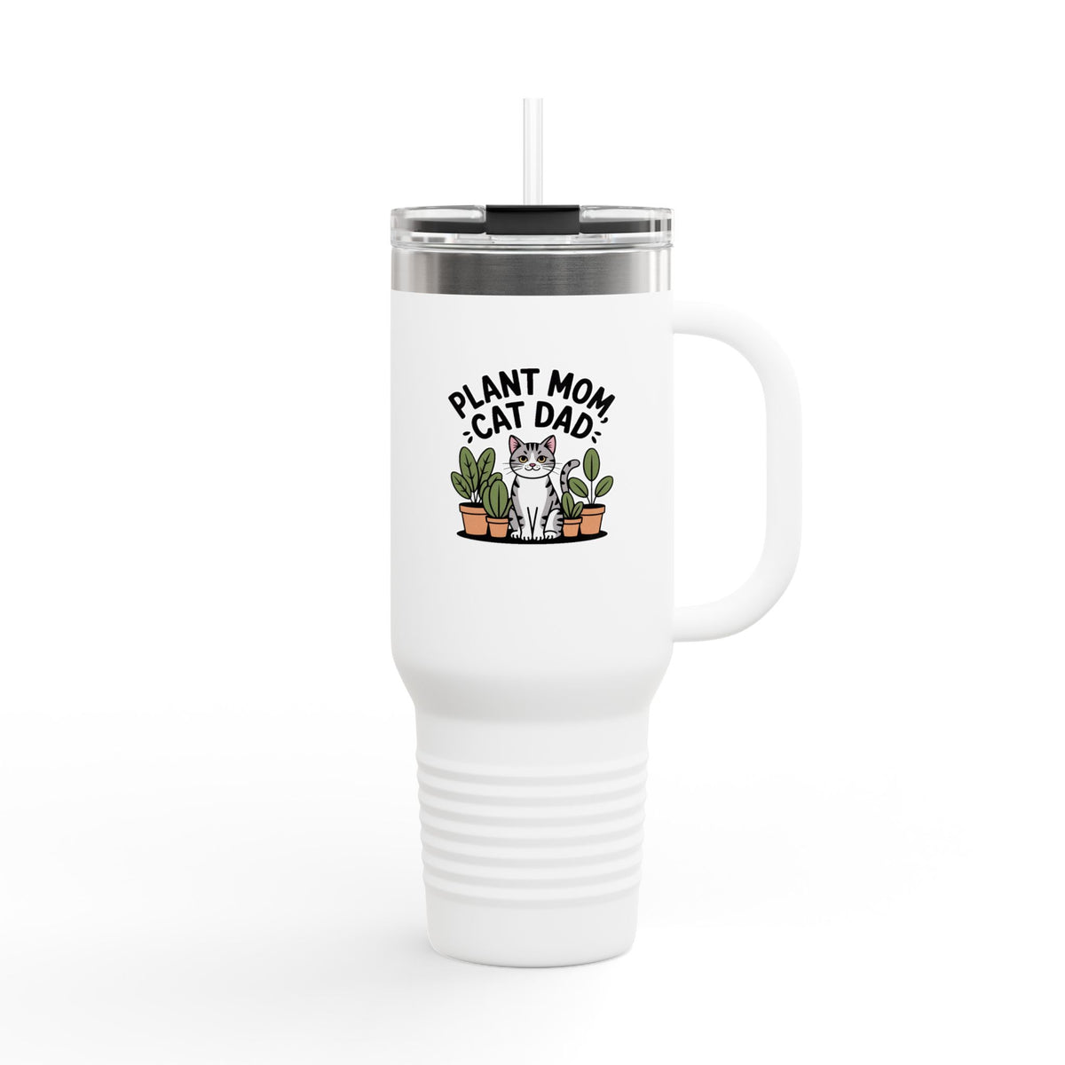 Plant Mom Cat Dad Travel Mug 40oz, Funny Cat Lover Tumbler, Plant Mom Gift, Cute Cat with Plants Insulated Cup with Handle and Straw