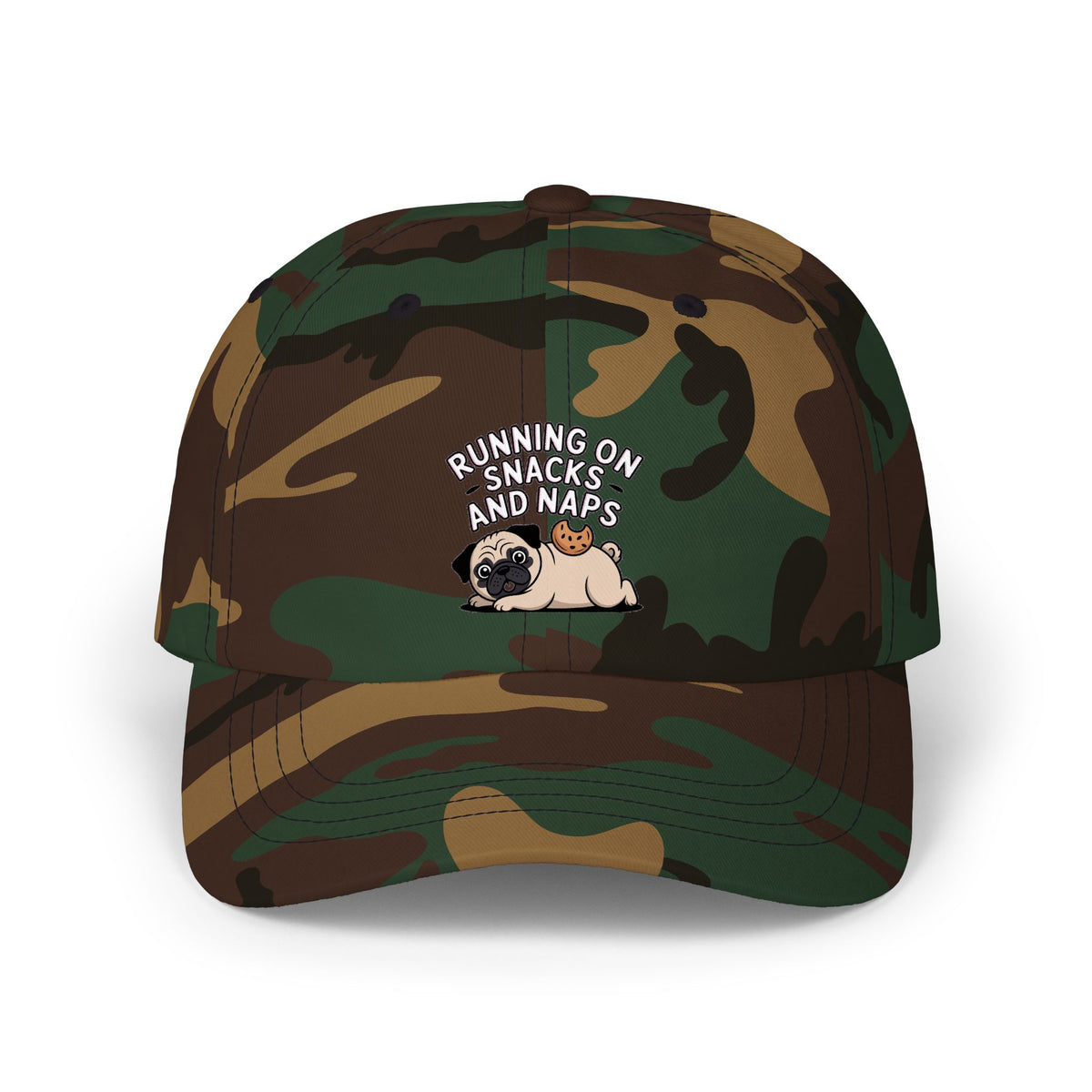 Pug Dad Hat, Funny Pug Cap, Running On Snacks And Naps Embroidered Hat, Cute Pug Lover Gift, Unstructured Dad Cap For Napping Dog Mom