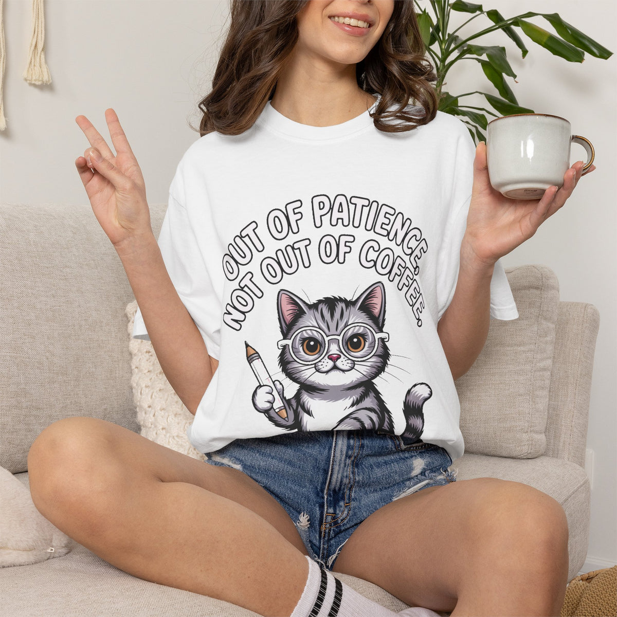 Funny Teacher Cat Shirt, Out Of Patience Not Out Of Coffee T-Shirt, Cat Lover Teacher Gift, Grading Papers Tee