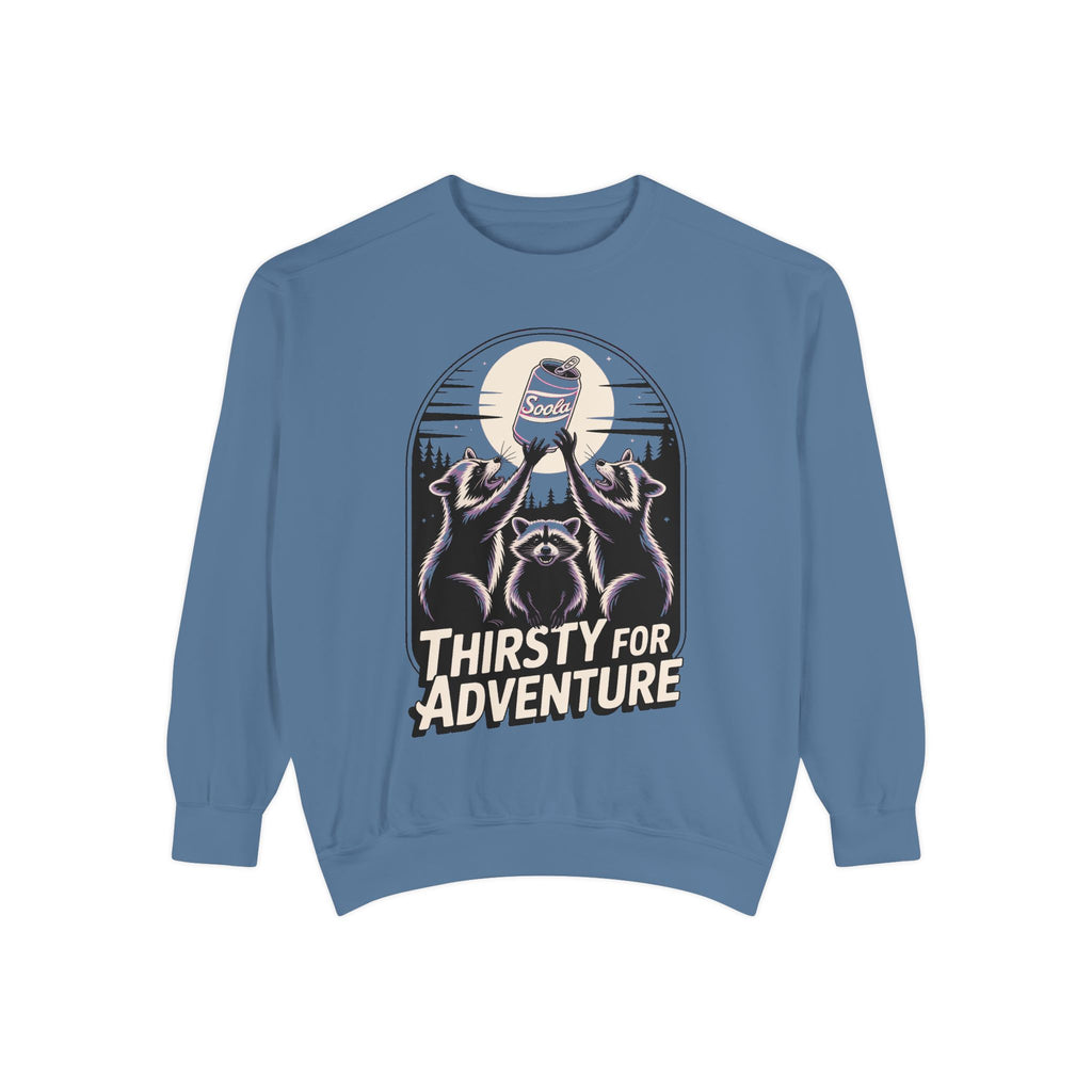 Thirsty For Adventure Raccoons Sweatshirt, Funny Vintage Poster Crewneck, Retro Raccoon Graphic Sweatshirt Gift