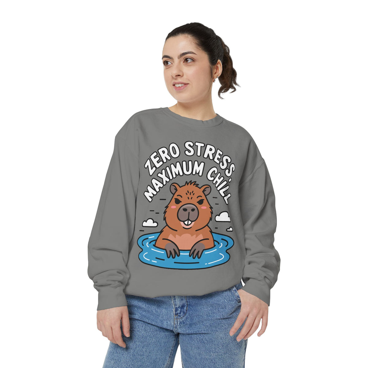Zero Stress Capybara Sweatshirt, Funny Hot Spring Capybara Crewneck, Cute Chill Animal Gift, Garment Dyed Embroidered Sweatshirt