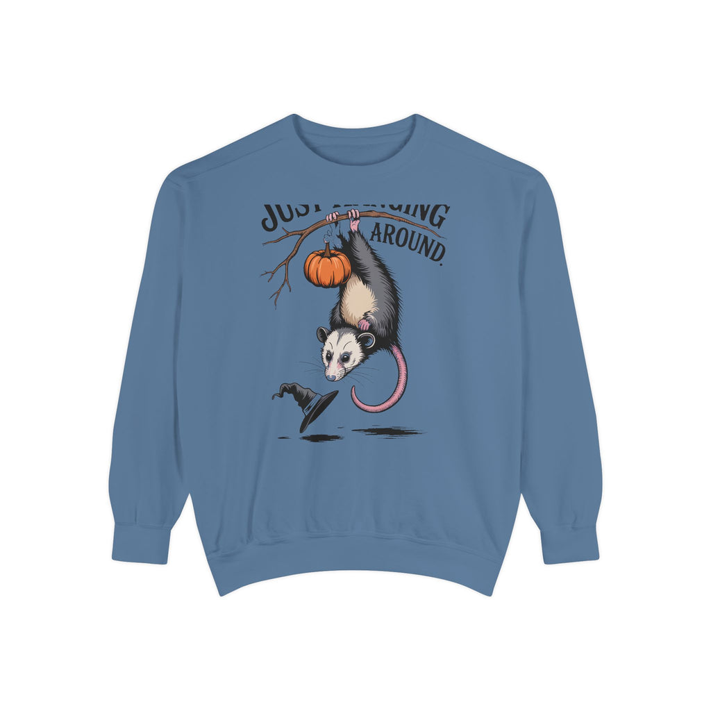 Just Hanging Around Opossum Sweatshirt, Vintage Halloween Crewneck, Funny Opossum Jack-o'-Lantern Shirt, Spooky Season Gift