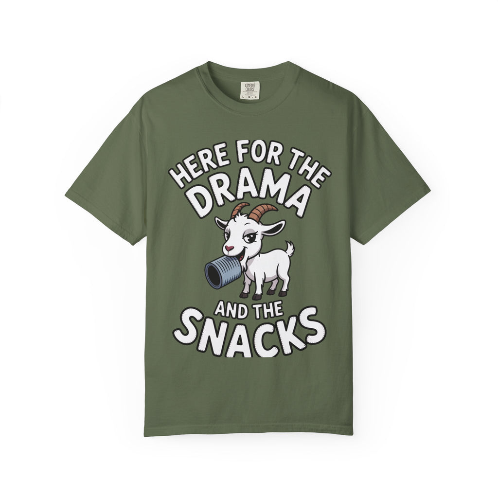 Funny Goat Shirt, Here For The Drama And The Snacks T-Shirt, Cute Goat Lover Gift, Sarcastic Farm Animal Tee