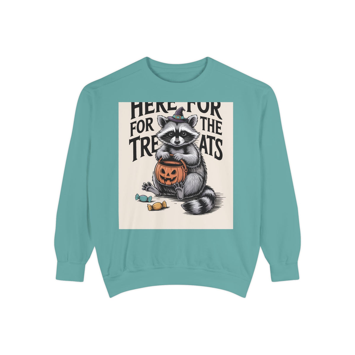 Here For The Treats Raccoon Sweatshirt, Funny Halloween Crewneck, Vintage Witch Raccoon Candy Sweatshirt, Spooky Season Gift