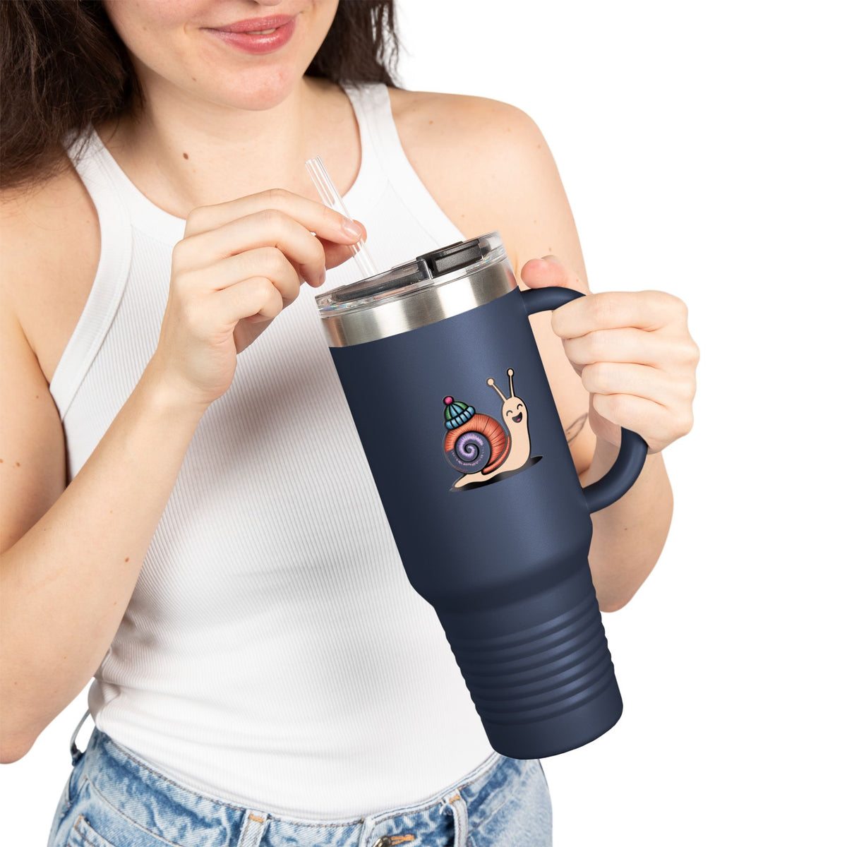 Cute Snail With Tiny Hat Travel Mug 40oz, Funny Snail Tumbler with Handle and Straw, Cottagecore Gift for Snail Lovers