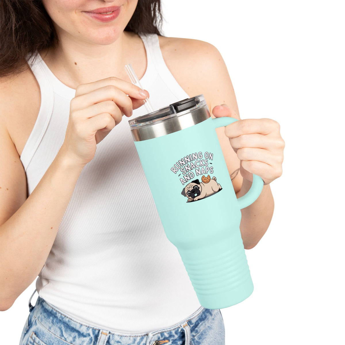 Pug Snacks And Naps Travel Mug, Funny Pug Tumbler, Cute Dog Lover Gift, 40oz Insulated Cup With Straw And Handle