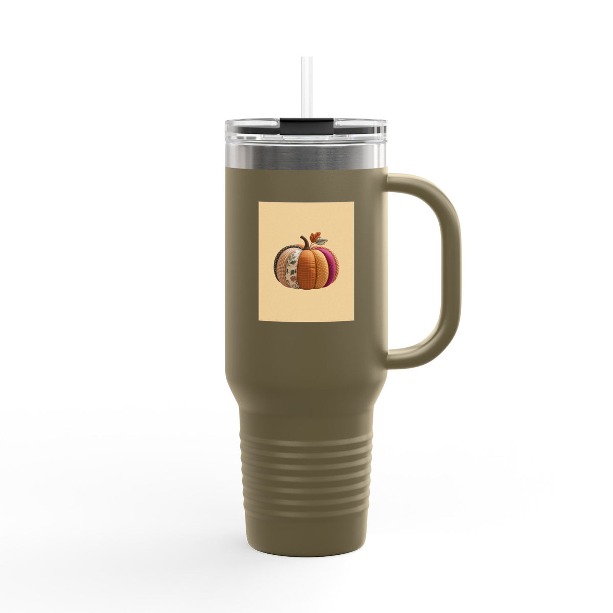 Patchwork Pumpkin Travel Mug, Halloween 40oz Tumbler with Handle, Fall Quilted Pumpkin Insulated Cup, Autumn Gift for Her