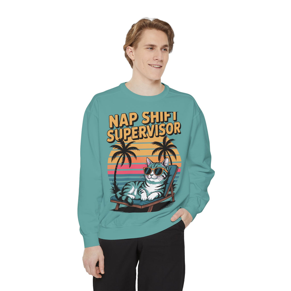 Retro Cat Sunset Sweatshirt, Funny Nap Shift Supervisor Crewneck, Vintage 90s Cat Lover Gift, Embroidered Cool Cat Sweatshirt