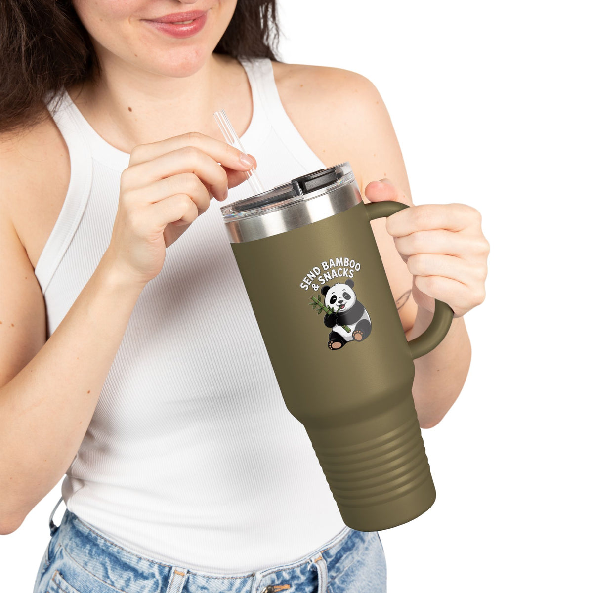 Send Bamboo & Snacks Panda Travel Mug, Funny Panda 40oz Tumbler, Cute Panda Lover Gift, Kawaii Panda Cup With Handle And Straw