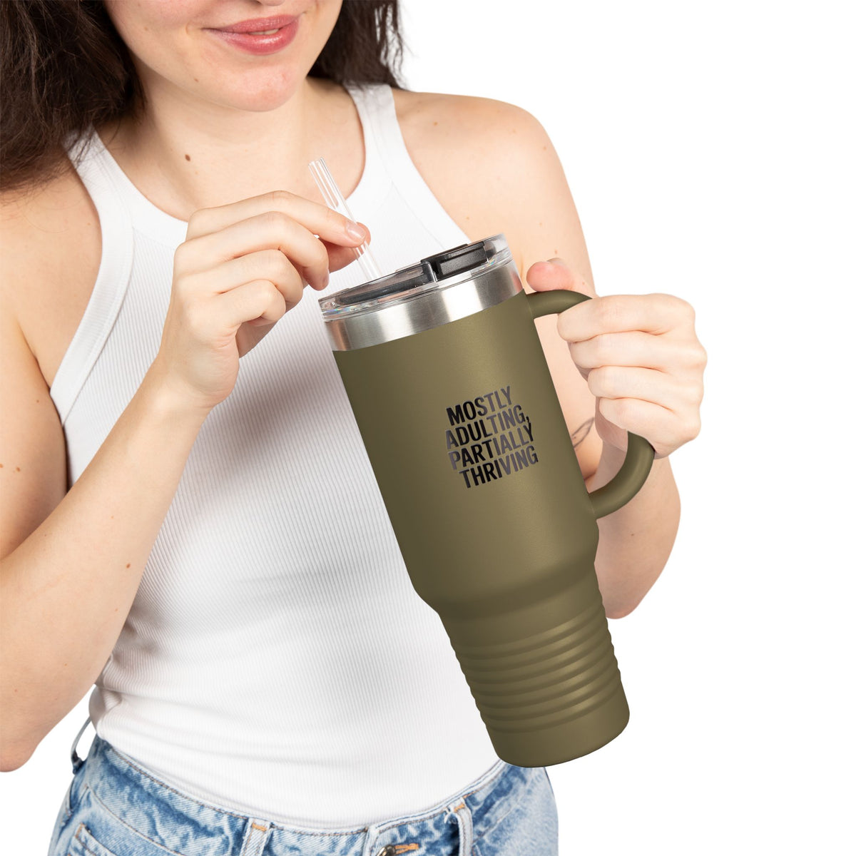 Mostly Adulting Partially Thriving Tumbler, Funny Sarcastic Travel Mug, 40oz Insulated Cup with Handle, Adulting Gift