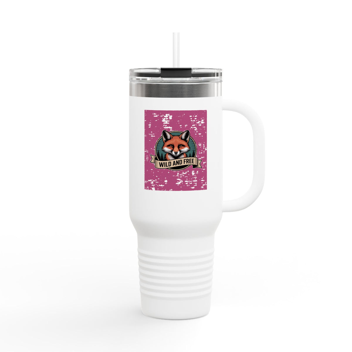 Retro Fox Travel Mug, Vintage Wildlife Badge 40oz Tumbler, Wild and Free Outdoor Gift, Fox Lover Insulated Cup with Handle and Straw