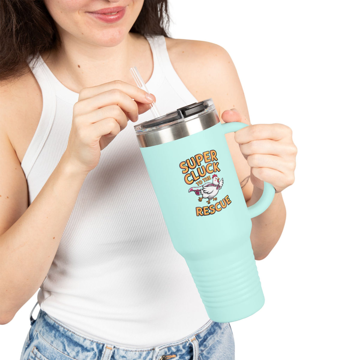 Funny Chicken Tumbler, Super Cluck To The Rescue 40oz Travel Mug, Superhero Chicken Gift, Cute Farm Animal Cup With Handle And Straw