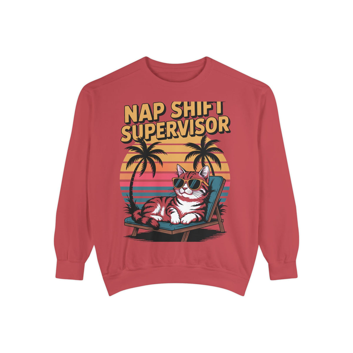 Retro Cat Sunset Sweatshirt, Funny Nap Shift Supervisor Crewneck, Vintage 90s Cat Lover Gift, Embroidered Cool Cat Sweatshirt