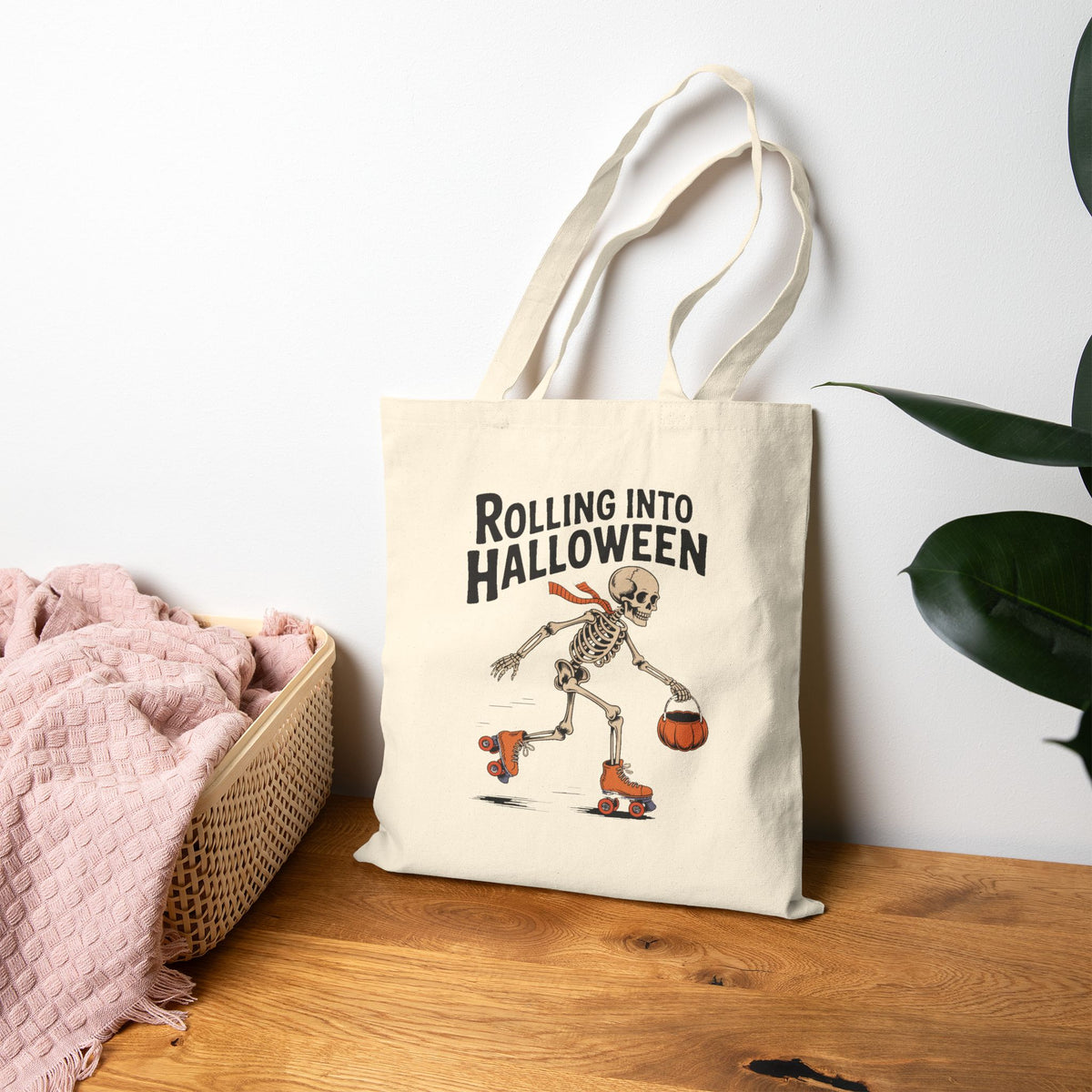 Rolling Into Halloween Skeleton Tote Bag, Retro Skeleton Roller Skating Canvas Bag, Funny Halloween Gift Bag