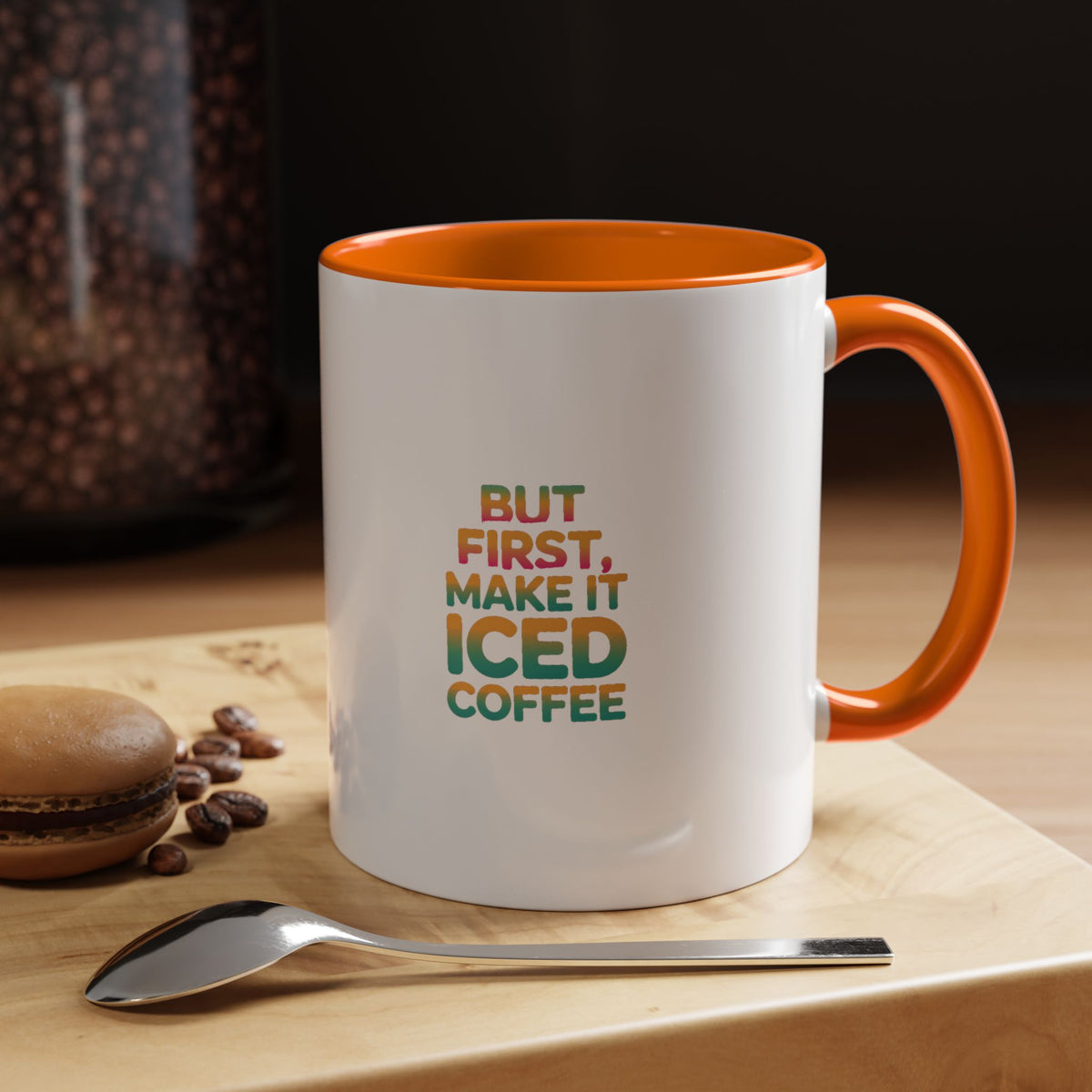 But First Iced Coffee Mug, Retro Gradient Typography Coffee Mug, Funny Coffee Lover Gift, Colorful Accent Mug for Coffee Addict