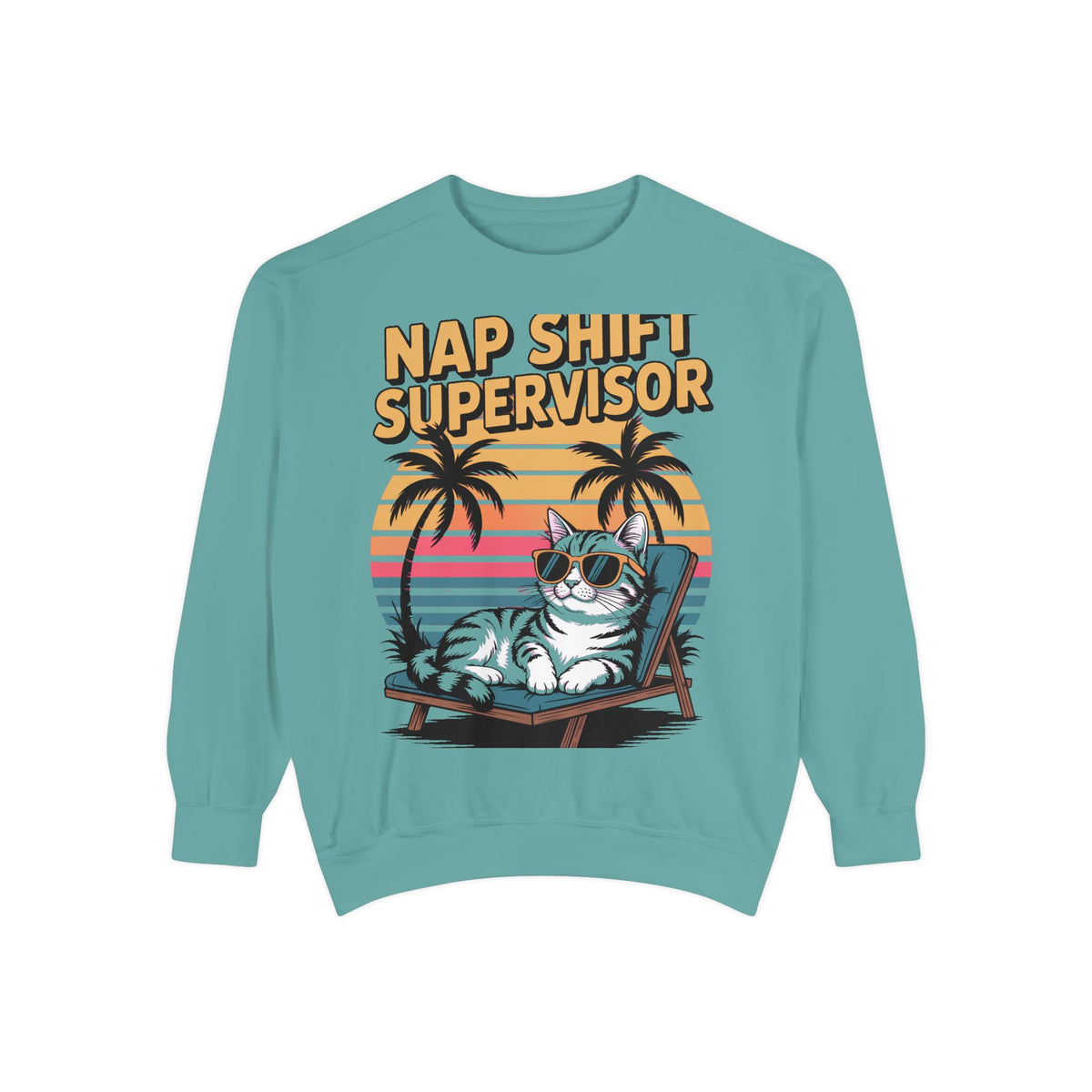 Retro Cat Sunset Sweatshirt, Funny Nap Shift Supervisor Crewneck, Vintage 90s Cat Lover Gift, Embroidered Cool Cat Sweatshirt