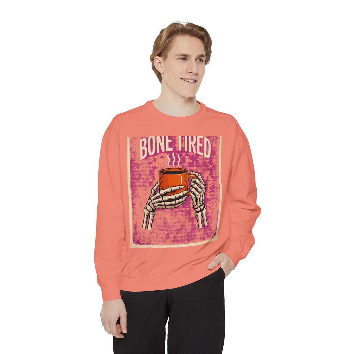 Bone Tired Coffee Skeleton Sweatshirt, Halloween Coffee Lover Crewneck, Funny Skeleton Hands Mug Shirt, Spooky Season Sweatshirt