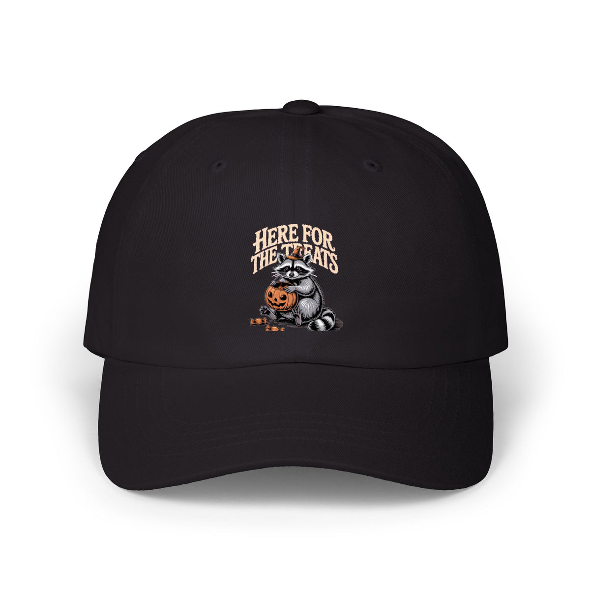 Here For The Treats Raccoon Dad Hat, Funny Halloween Cap, Vintage Raccoon Embroidered Dad Cap, Spooky Season Trick or Treat Gift