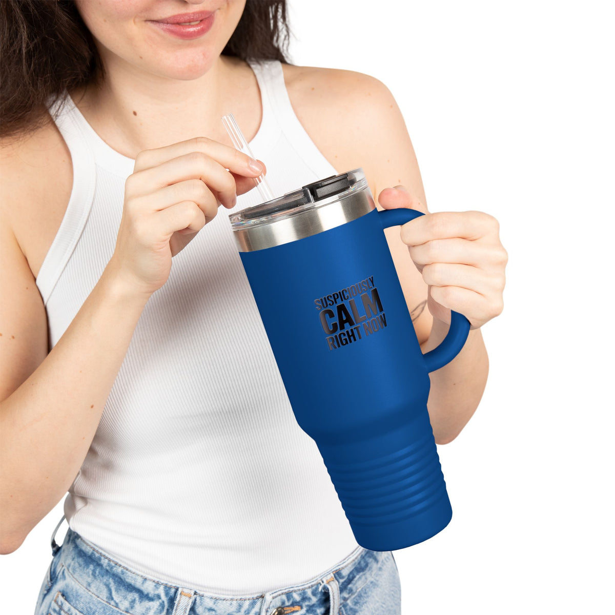 Suspiciously Calm Right Now Tumbler, Funny Sarcastic 40oz Travel Mug, Bold Typography Gift, Sarcastic Coworker Gift Cup