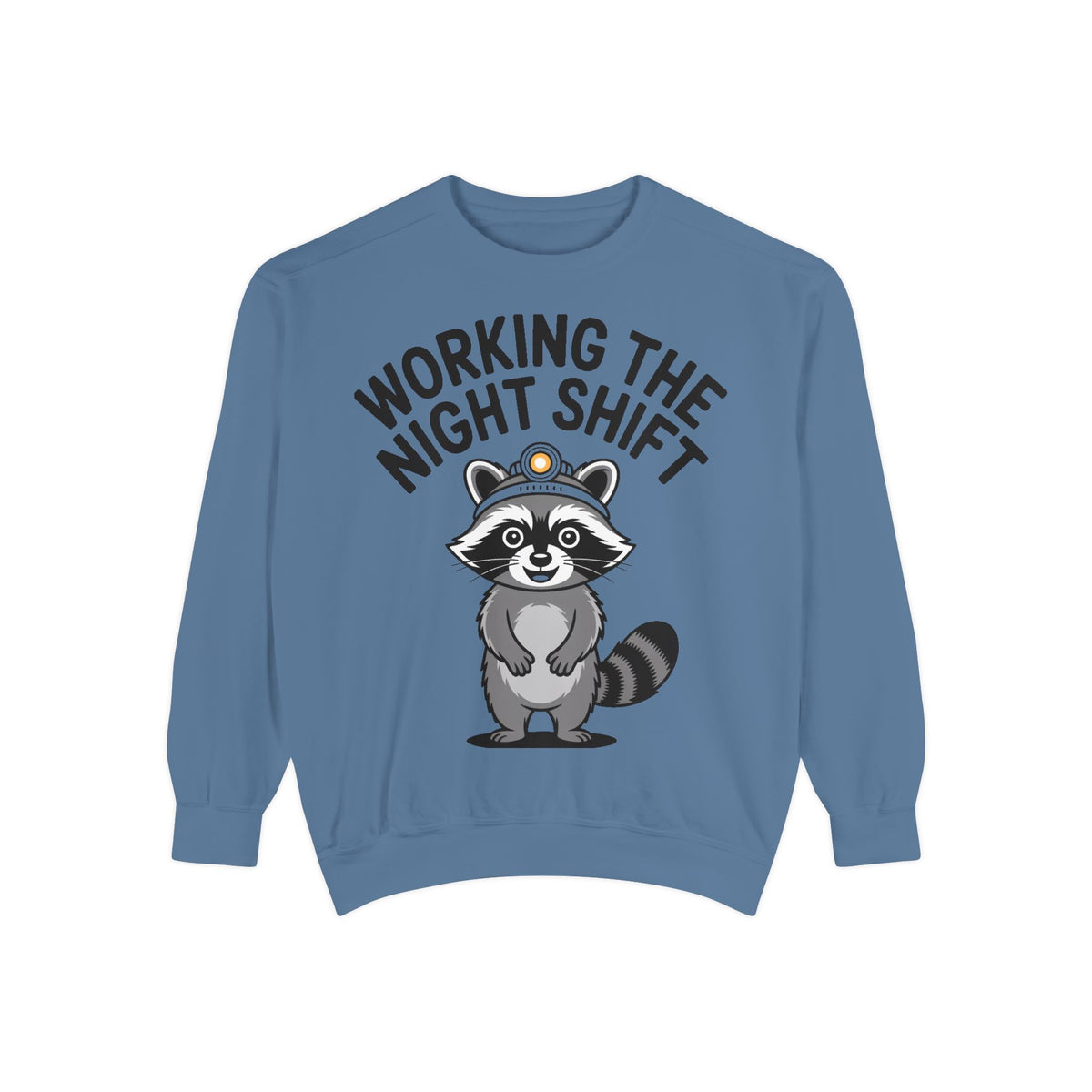 Raccoon Night Shift Sweatshirt, Funny Night Owl Crewneck, Cute Raccoon Headlamp Graphic, Gift for Nurse or Night Worker