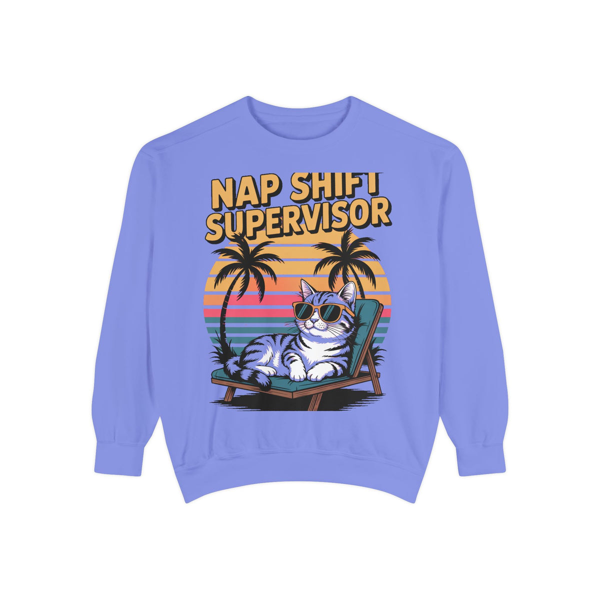Retro Cat Sunset Sweatshirt, Funny Nap Shift Supervisor Crewneck, Vintage 90s Cat Lover Gift, Embroidered Cool Cat Sweatshirt