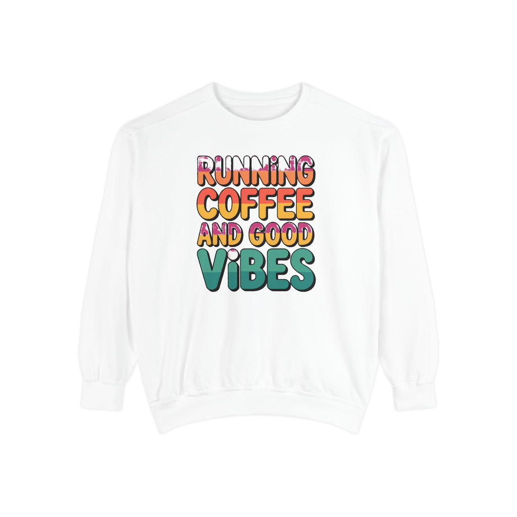 Running On Coffee And Vibes Sweatshirt, Retro Gradient Typography Crewneck, Coffee Lover Gift, Positive Vibes Pullover