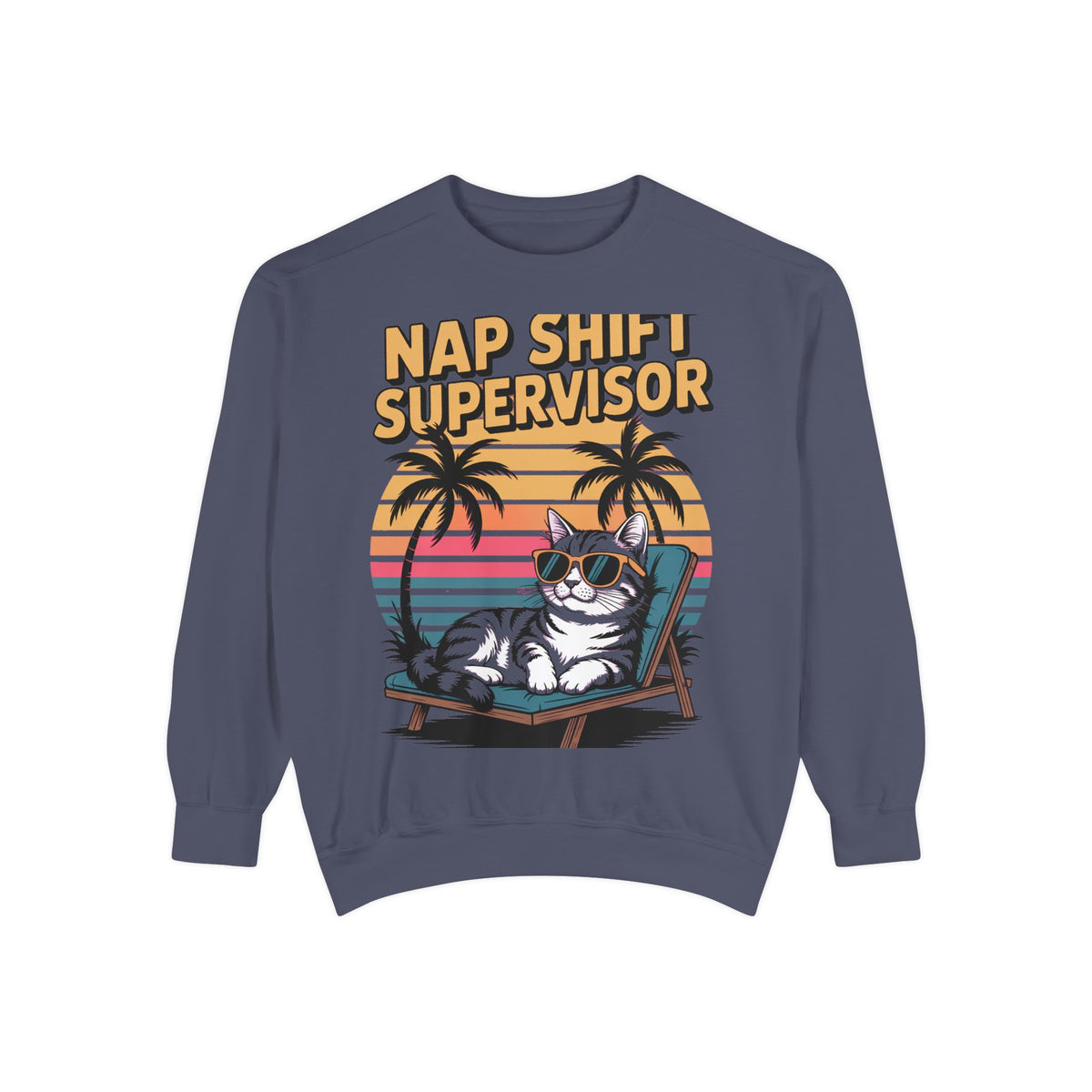 Retro Cat Sunset Sweatshirt, Funny Nap Shift Supervisor Crewneck, Vintage 90s Cat Lover Gift, Embroidered Cool Cat Sweatshirt