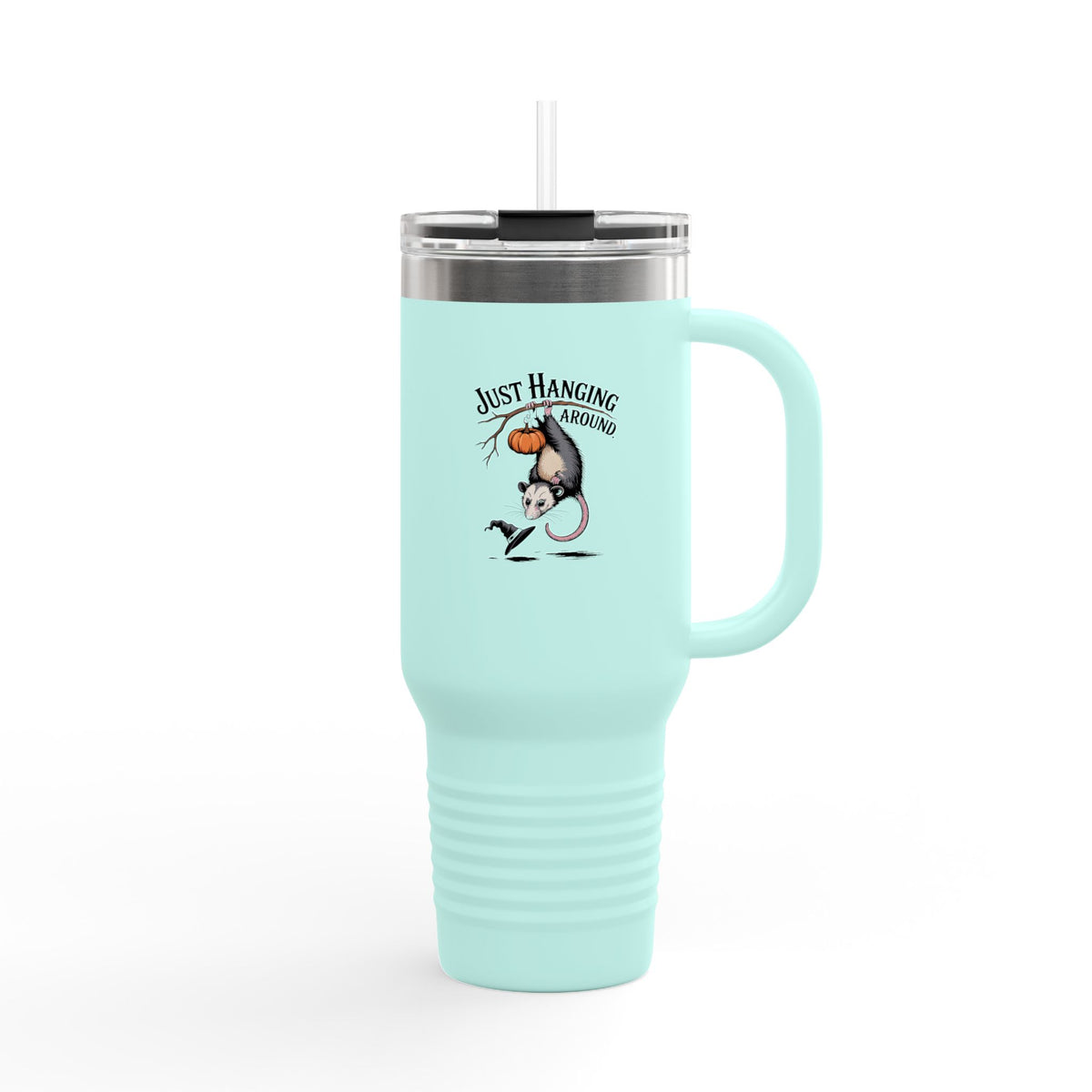 Opossum Halloween Travel Mug 40oz, Just Hanging Around Tumbler, Vintage Spooky Season Insulated Cup with Handle and Straw, Fall Gift