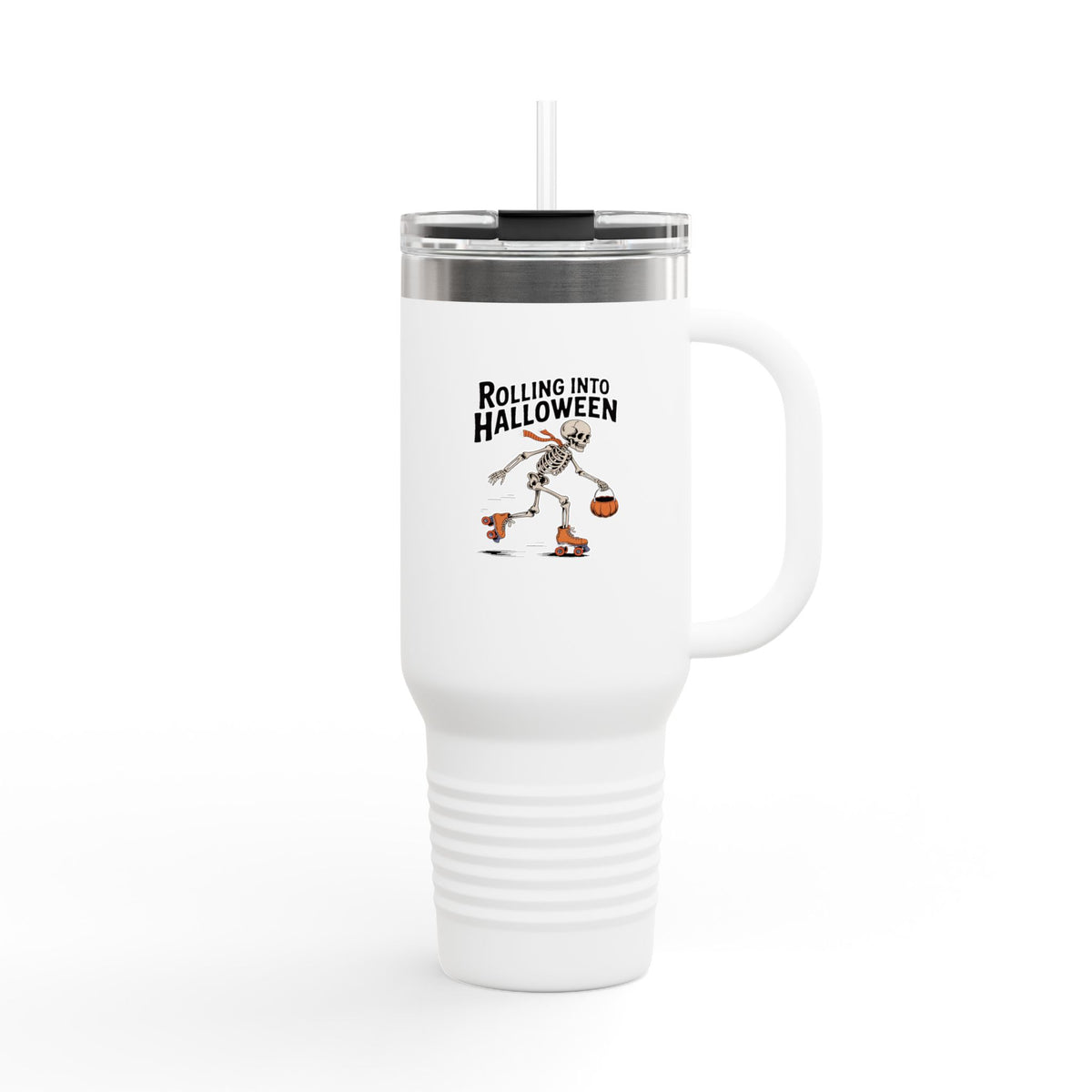 Rolling Into Halloween Skeleton Tumbler, Retro Roller Skating Skeleton Travel Mug, Funny Halloween Gift, 40oz Insulated Cup