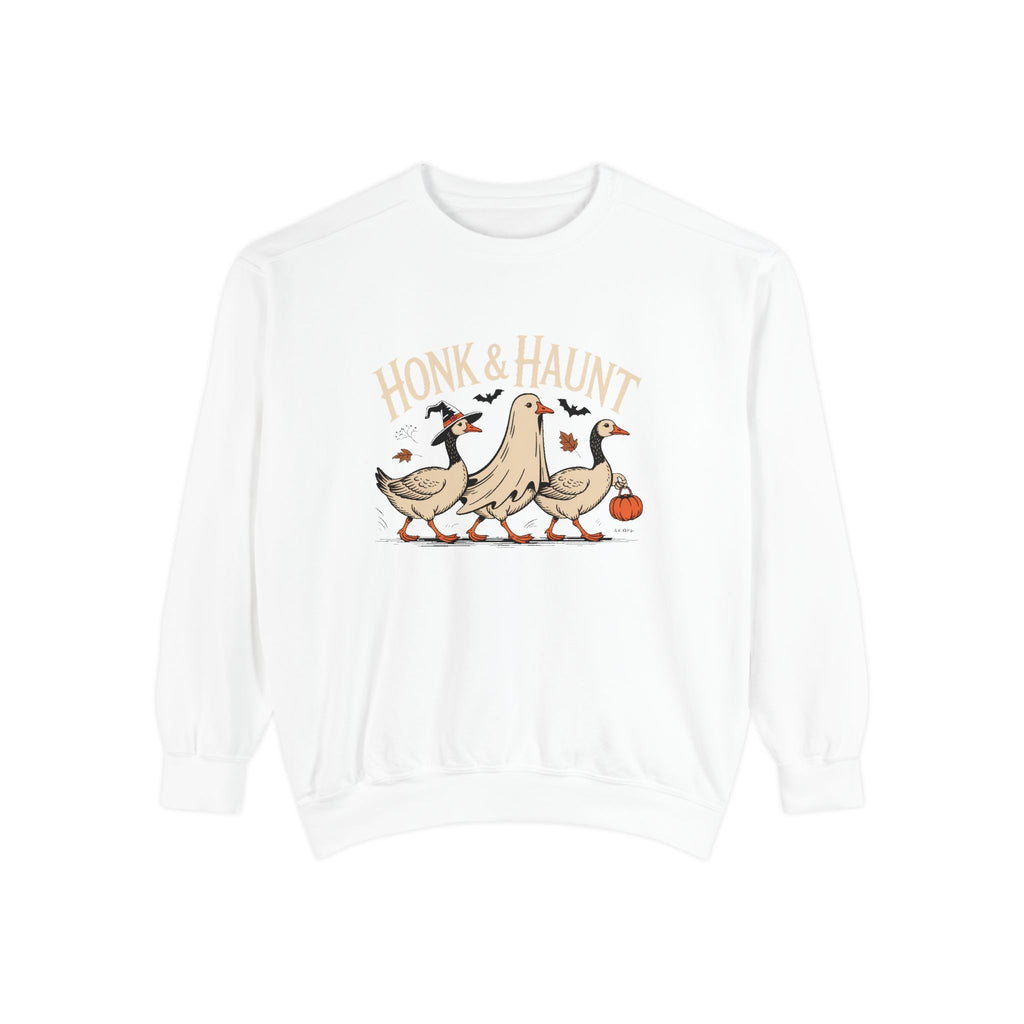Honk & Haunt Geese Sweatshirt, Funny Halloween Goose Crewneck, Vintage Halloween Bird Sweatshirt, Spooky Season Gift