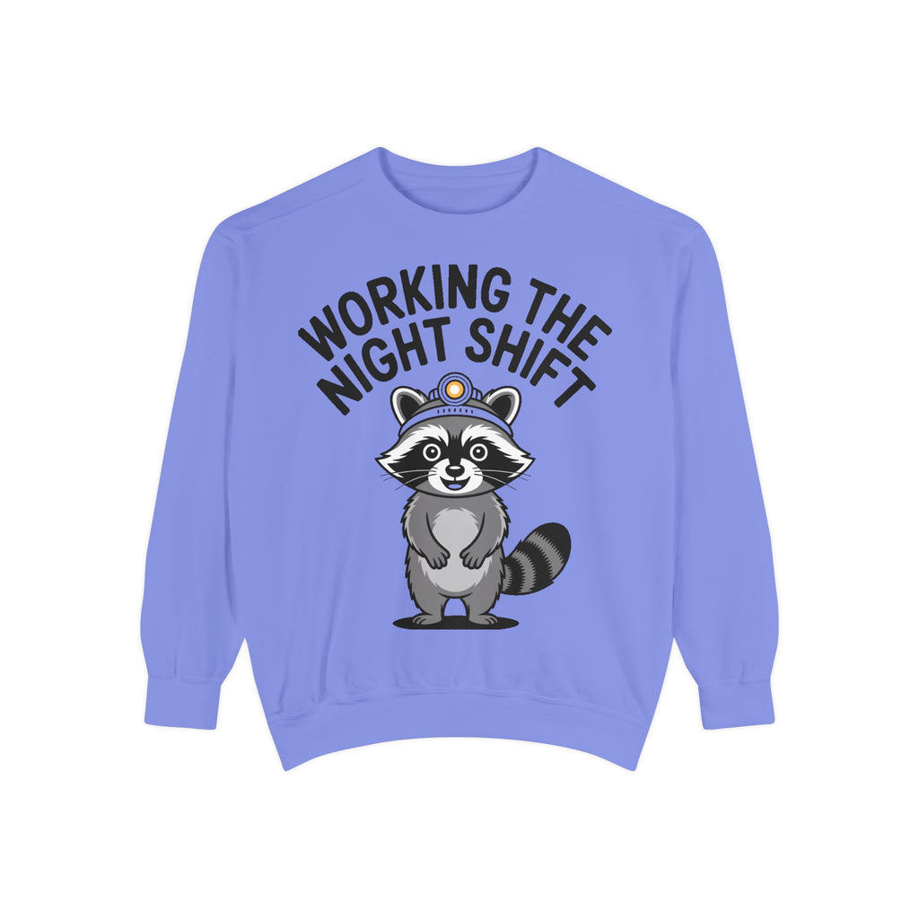 Raccoon Night Shift Sweatshirt, Funny Night Owl Crewneck, Cute Raccoon Headlamp Graphic, Gift for Nurse or Night Worker