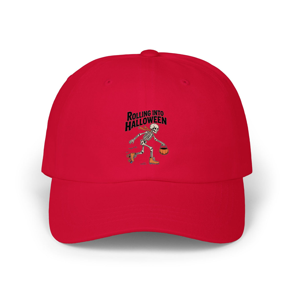 Rolling Into Halloween Skeleton Dad Hat, Retro Roller Skate Skeleton Cap, Funny Halloween Embroidered Hat, Spooky Season Gift