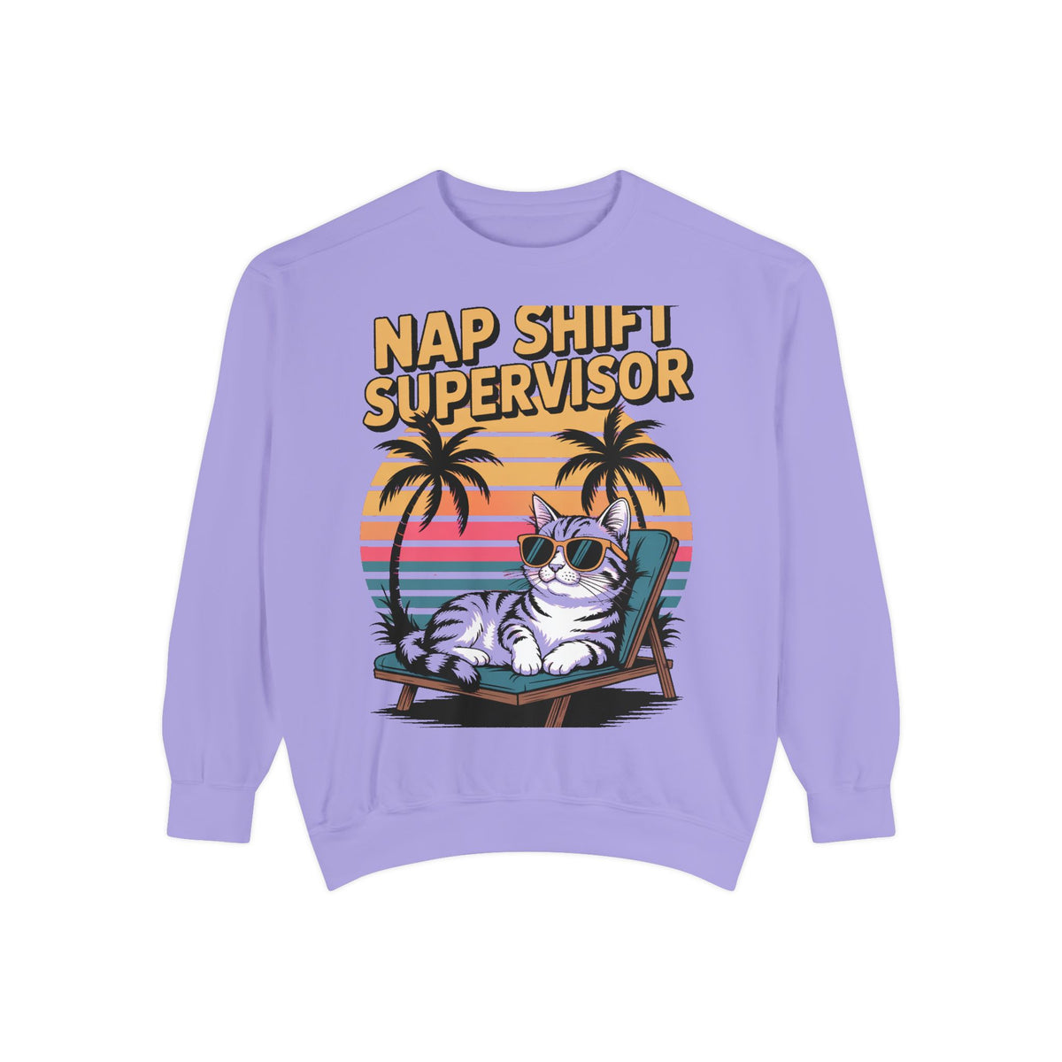 Retro Cat Sunset Sweatshirt, Funny Nap Shift Supervisor Crewneck, Vintage 90s Cat Lover Gift, Embroidered Cool Cat Sweatshirt