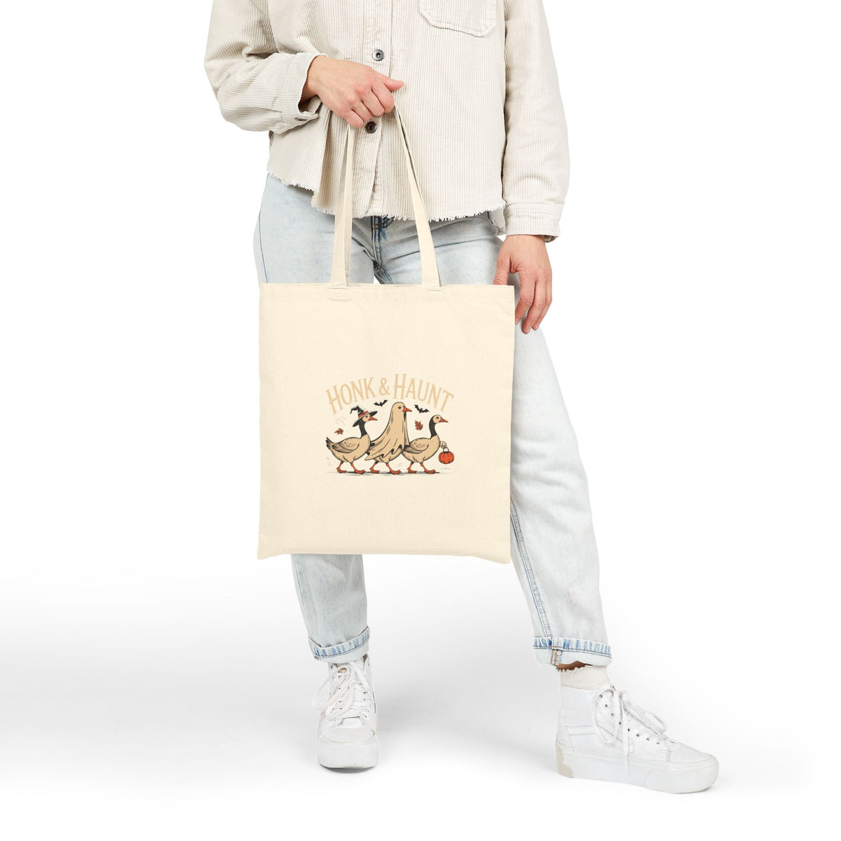 Honk & Haunt Geese Tote Bag, Funny Halloween Goose Canvas Bag, Vintage Spooky Bird Lover Gift, Witch Ghost Pumpkin Goose Tote